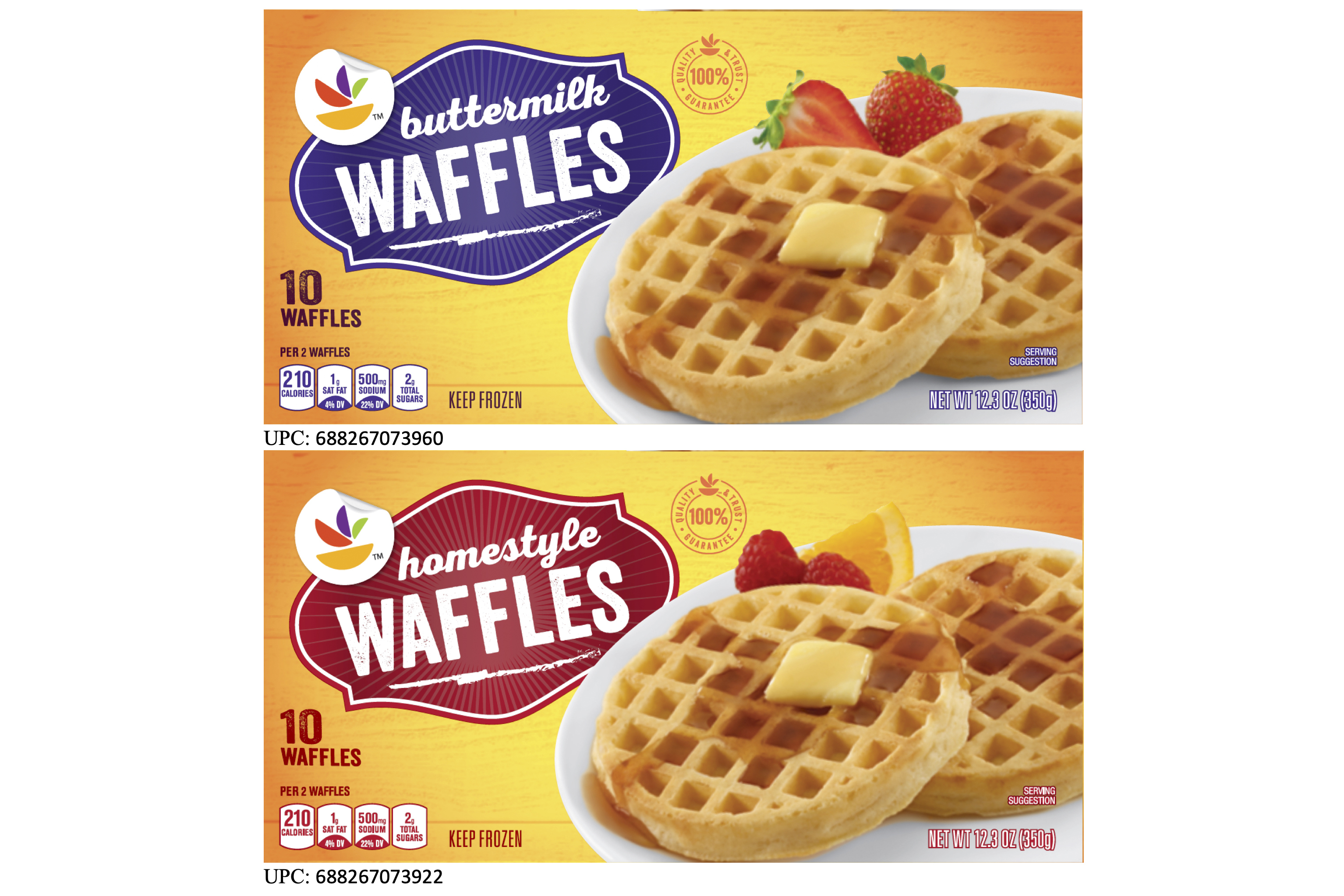 This image provided by TreeHouse Foods, Inc., shows the packaging of two styles of waffles, among hundreds of brands of frozen waffles, that are part of a voluntary recall because the products could be contaminated with dangerous listeria bacteria, the manufacturer, TreeHouse Foods, Inc.,, said Tuesday. (TreeHouse Foods, Inc. via AP)