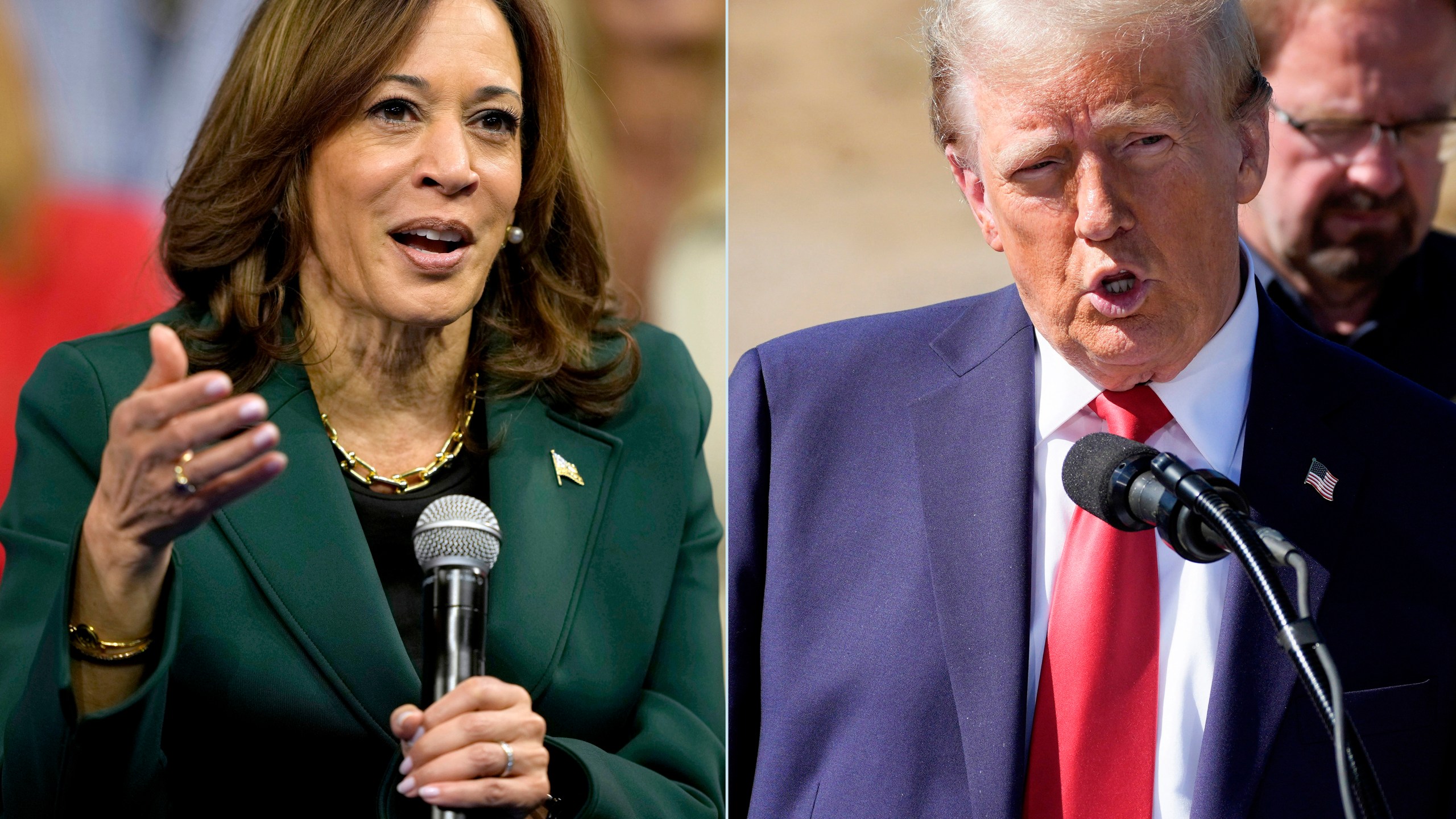 This combination of photos taken Monday, Oct. 21, 2024, shows Democratic presidential nominee Vice President Kamala Harris speaking during a town hall in Malvern, Pa., left, and Republican presidential nominee former President Donald Trump delivering remarks on Hurricane Helene in Swannanoa, N.C.. (AP Photo)