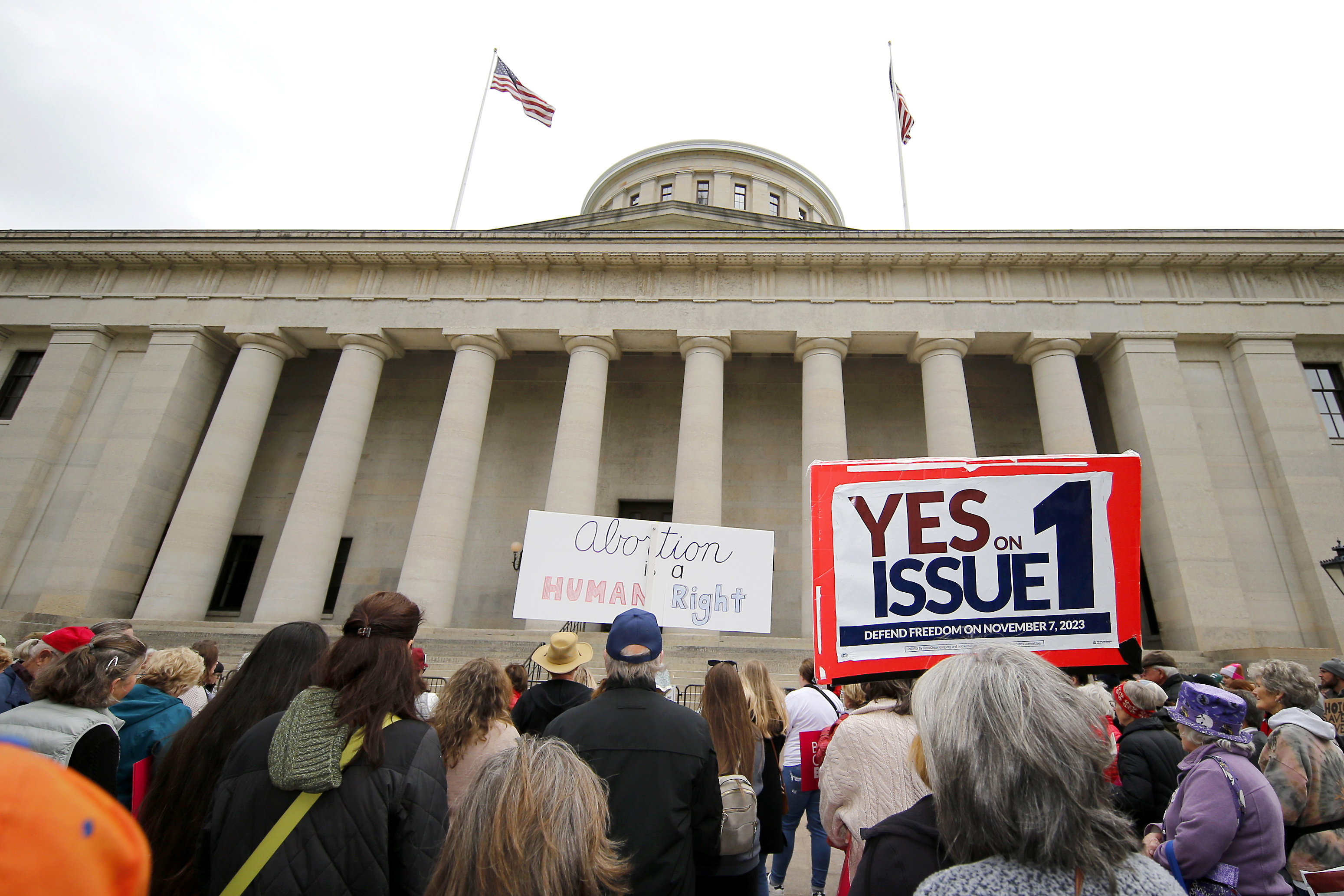 FILE - Supporters of Issue 1 attend a rally for the Right to Reproductive Freedom amendment held by Ohioans United for Reproductive Rights at the Ohio State House in Columbus, Ohio, Oct. 8, 2023. (AP Photo/Joe Maiorana, File)