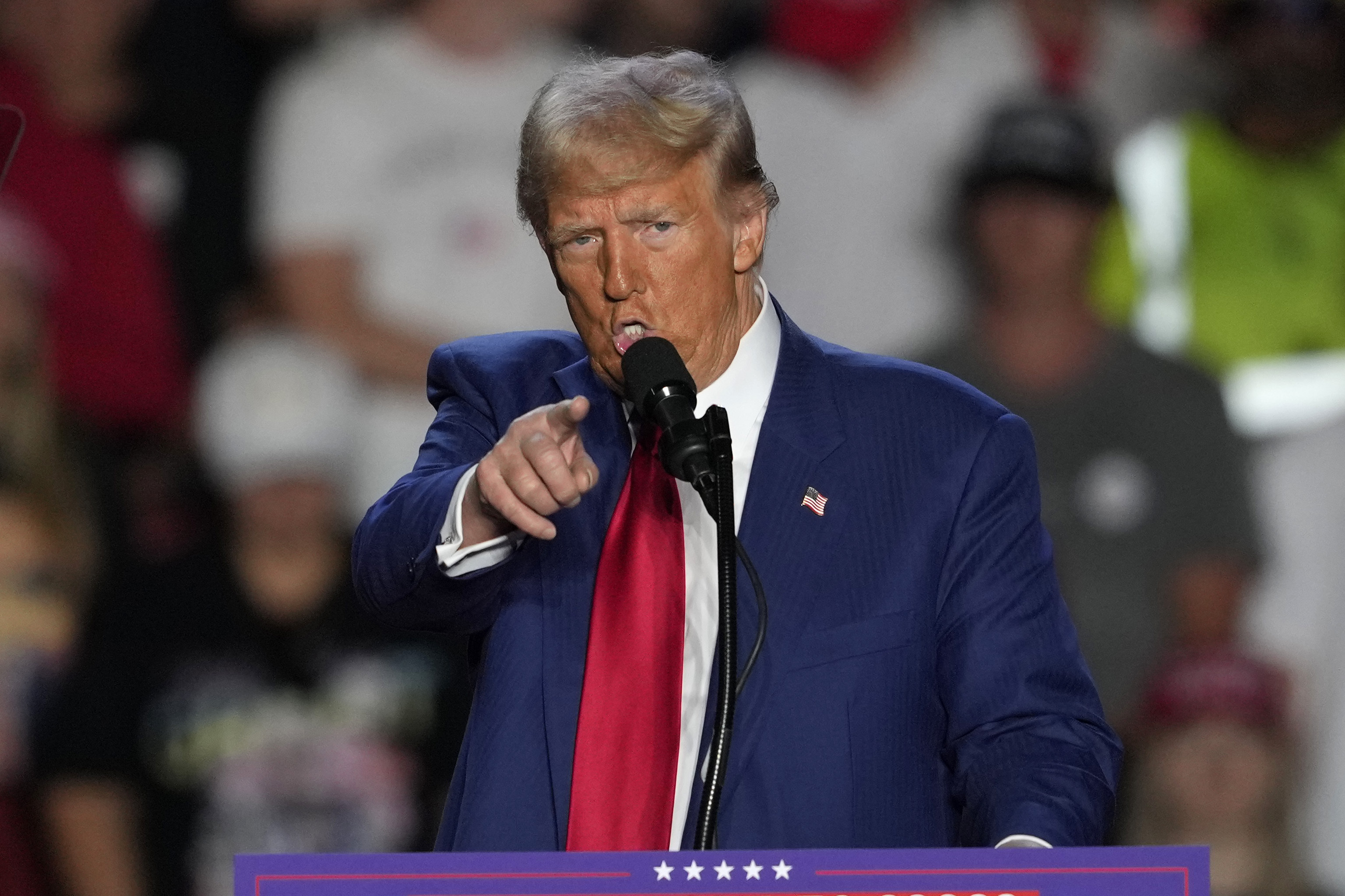 Republican presidential nominee former President Donald Trump speaks at a campaign event at Mullett Arena, Thursday, Oct. 24, 2024, in Tempe, Ariz. (AP Photo/Matt York)