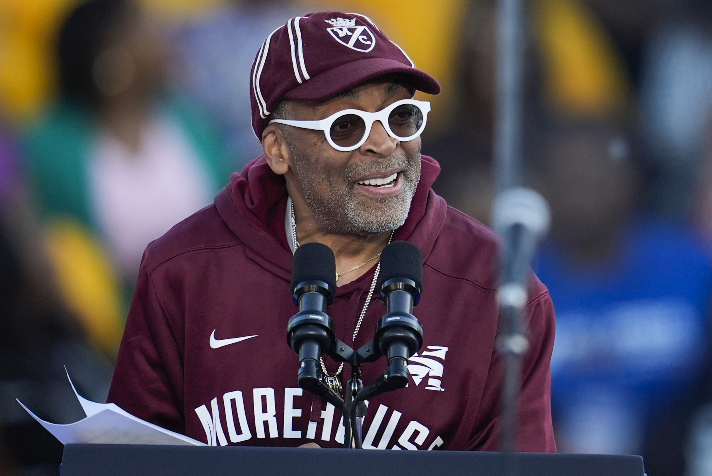 Spike Lee speaks at a campaign rally supporting Democratic presidential nominee Vice President Kamala Harris, Thursday, Oct. 24, 2024, in Clarkston, Ga. (AP Photo/Mike Stewart)