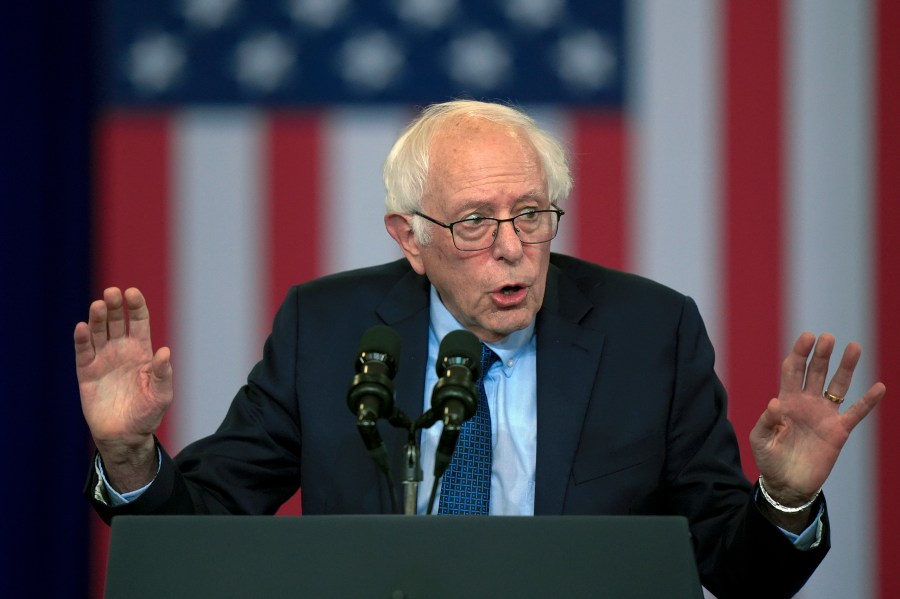 CORRECTS SANDERS' PARTY AND STATE - Sen. Bernie Sanders, I-Vt., speaks before President Joe Biden arrives to deliver remarks on lowering the cost of prescription drugs, at NHTI Concord Community College, Tuesday, Oct. 22, 2024, in Concord, N.H. (AP Photo/Steven Senne)