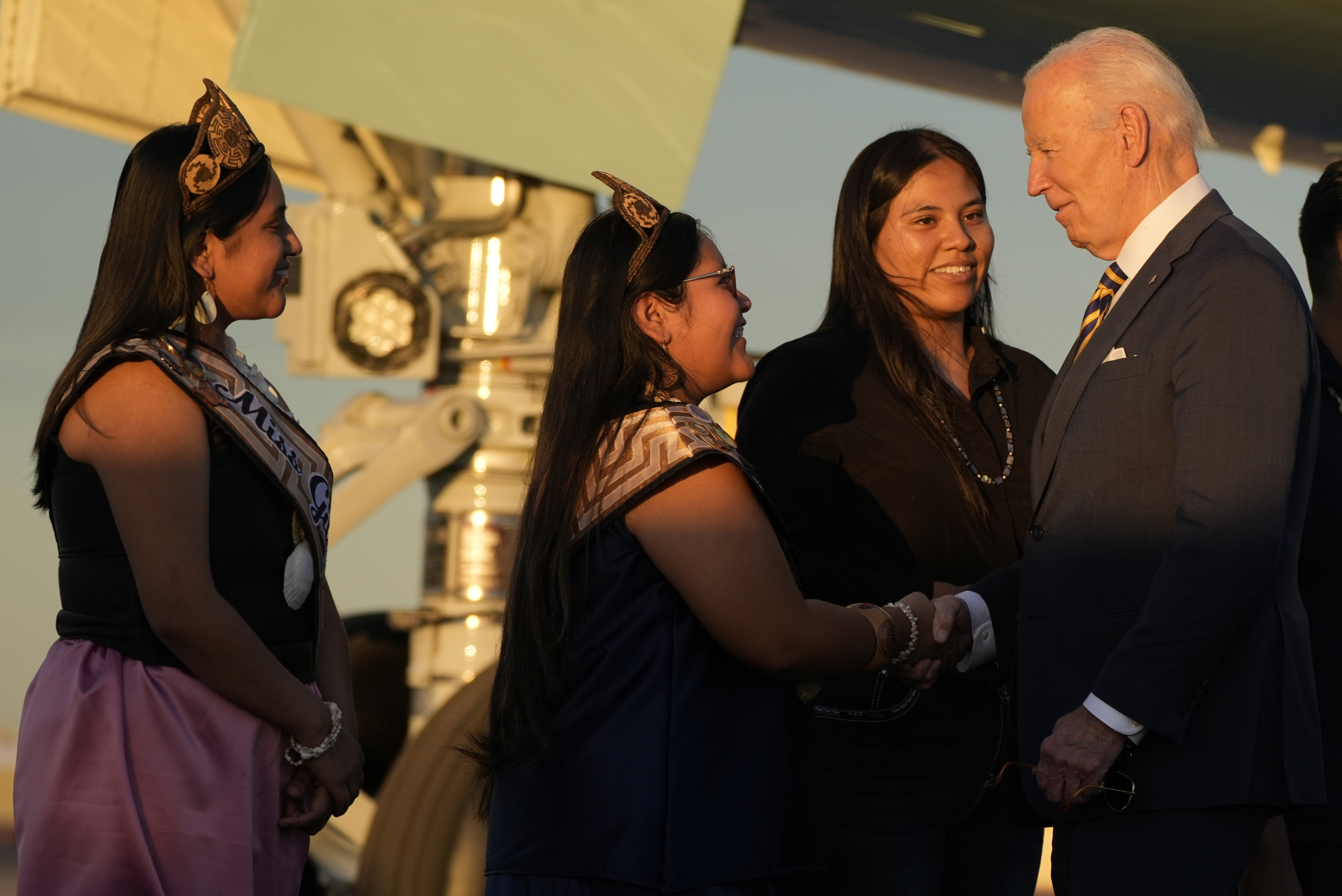 President Joe Biden greets people as he arrives at Phoenix Sky Harbor International Airport, Thursday, Oct. 24, 2024 in Phoenix. (AP Photo/Manuel Balce Ceneta)