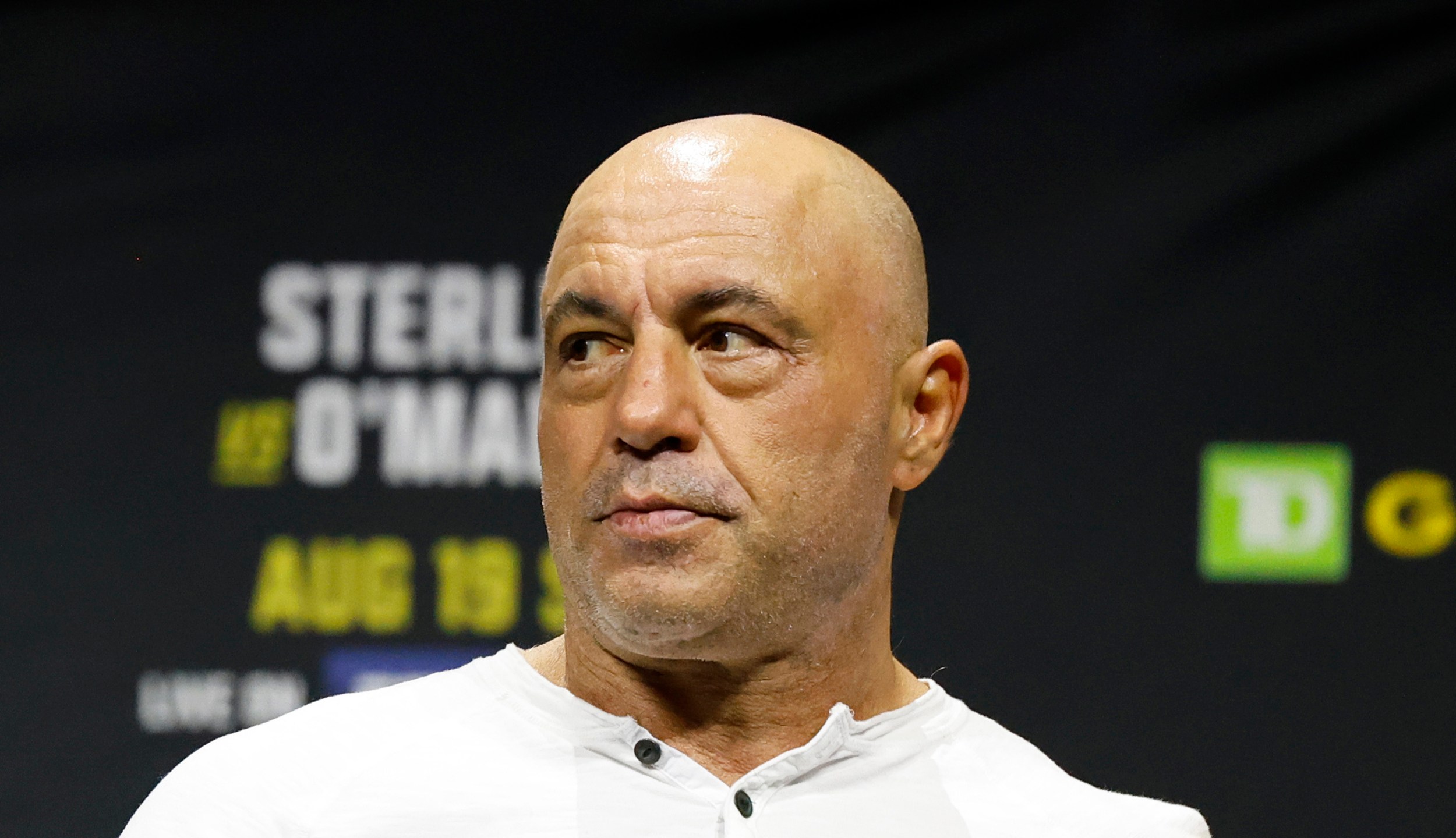 FILE - Joe Rogan is seen at the ceremonial weigh-in for the UFC 292 mixed martial arts event, Friday, Aug. 18, 2023, in Boston. (AP Photo/Gregory Payan, File)