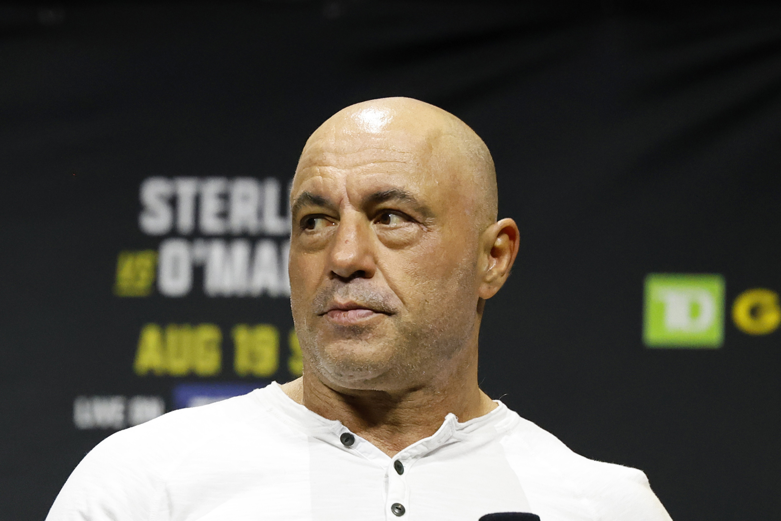 FILE - Joe Rogan is seen at the ceremonial weigh-in for the UFC 292 mixed martial arts event, Friday, Aug. 18, 2023, in Boston. (AP Photo/Gregory Payan, File)