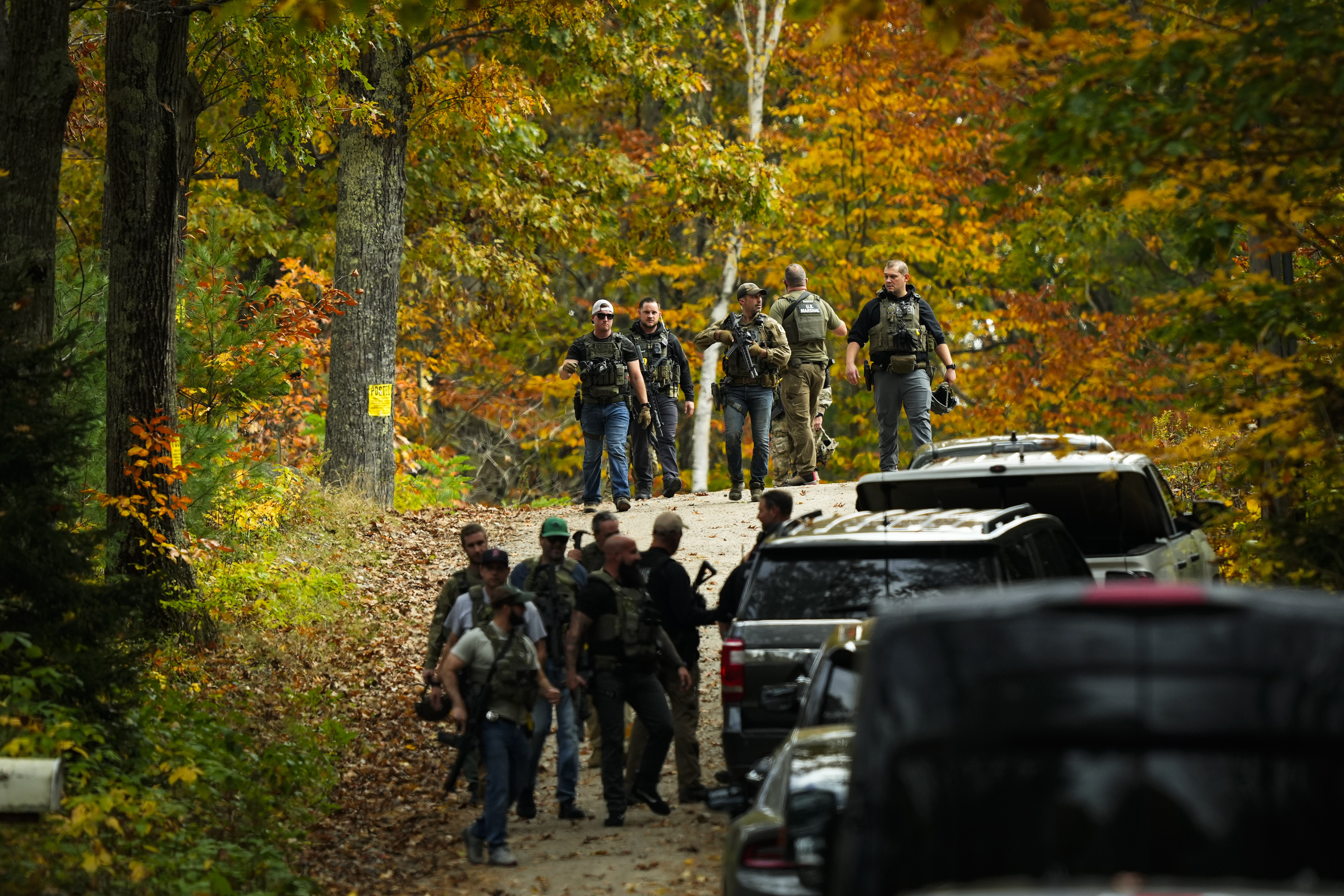 FILE - Law enforcement continue a manhunt in the aftermath of a mass shooting, in Durham, Maine, Oct. 27, 2023. (AP Photo/Matt Rourke, File)