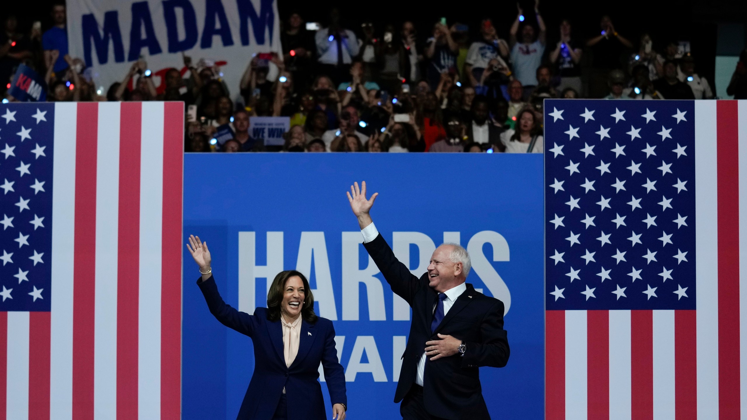 FILE - Democratic presidential nominee Vice President Kamala Harris and her running mate Minnesota Gov. Tim Walz arrive at a campaign rally in Philadelphia, Tuesday, Aug. 6, 2024. (AP Photo/Matt Rourke, File)