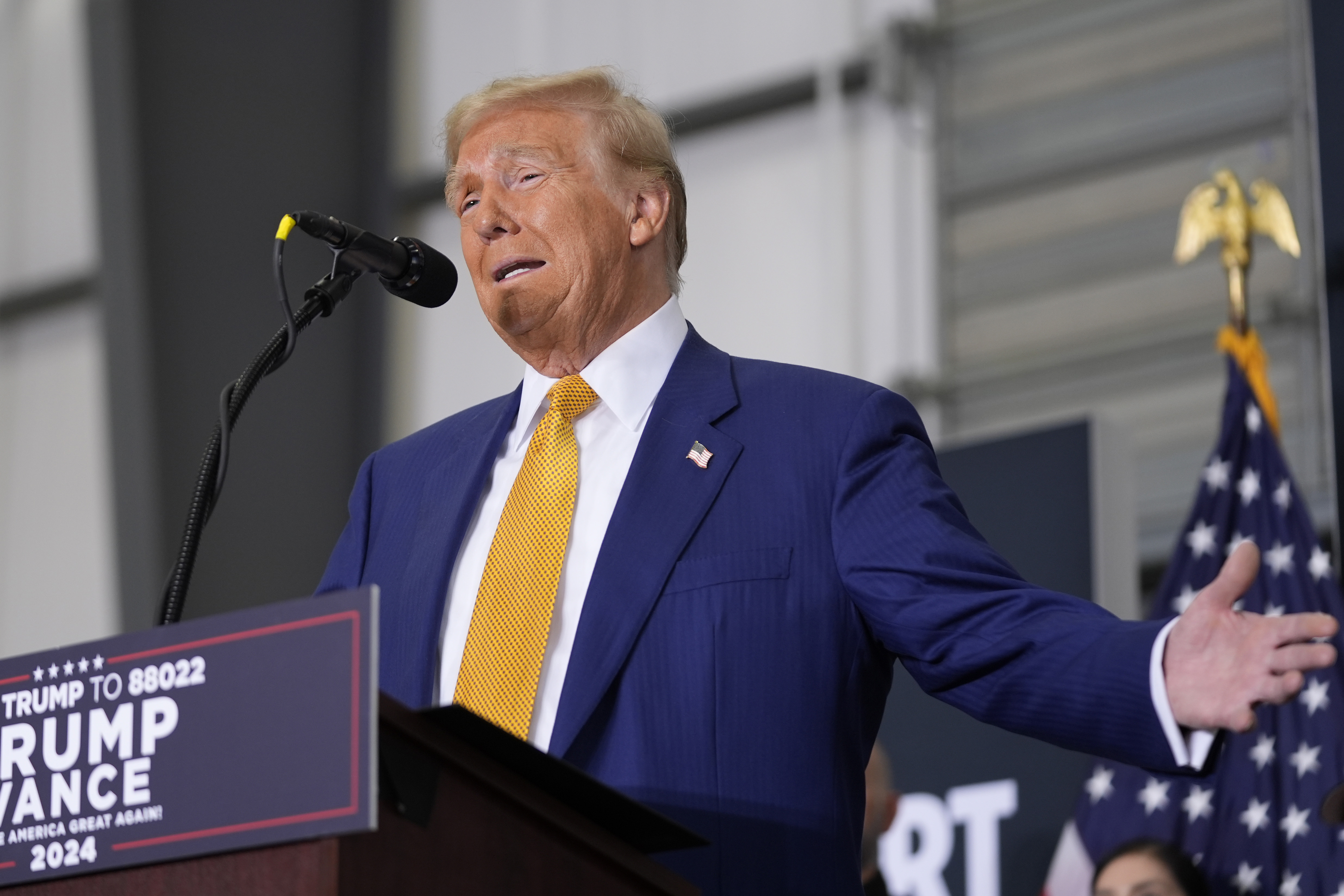 Republican presidential nominee former President Donald Trump speaks during a news conference at Austin-Bergstrom International Airport, Friday, Oct. 25, 2024, in Austin, Texas. (AP Photo/Alex Brandon)