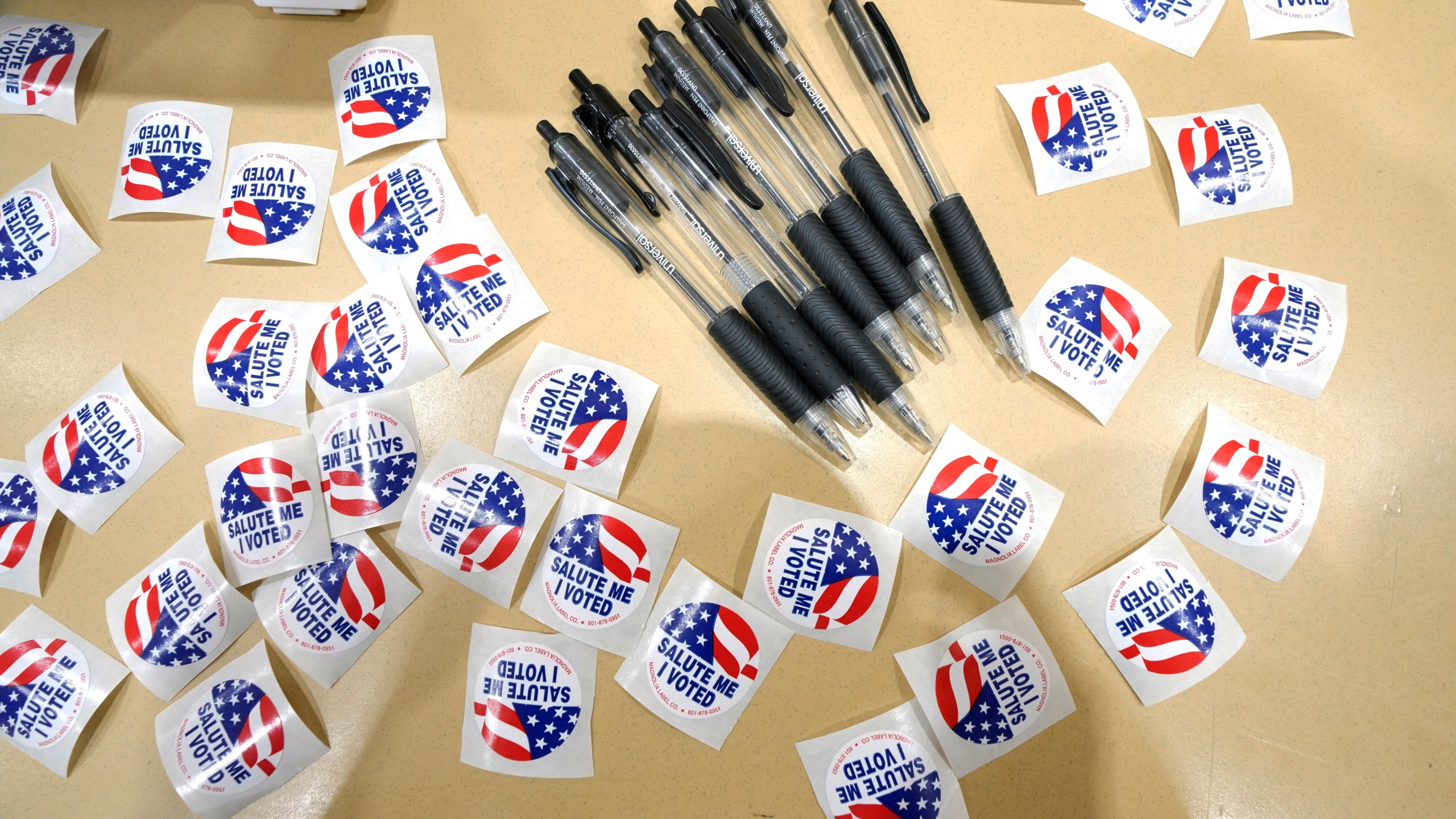 FILE - Pens are encircled by "I Voted" stickers at an election precinct in Jackson, Miss., March 12, 2024. (AP Photo/Rogelio V. Solis, File)