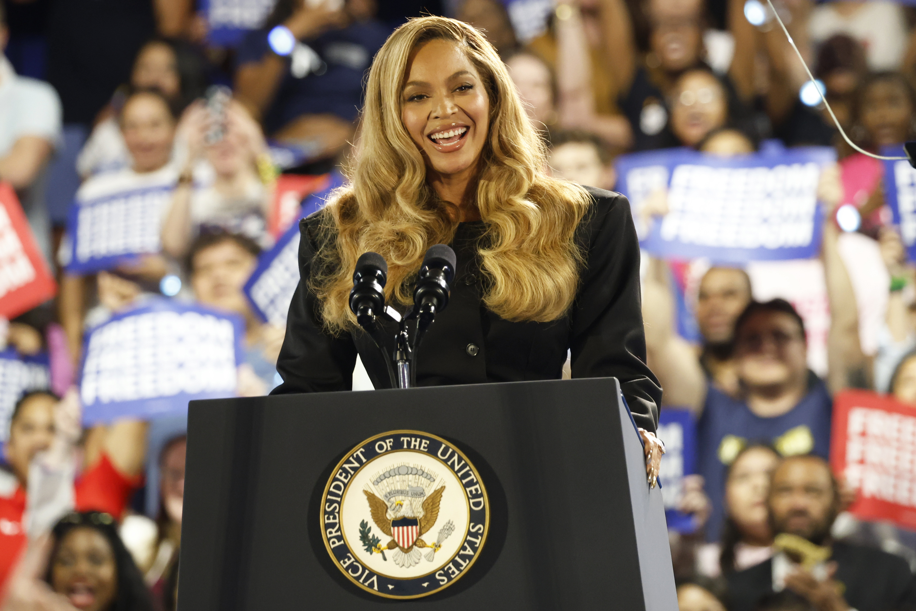 Musical artist Beyonce on stage at a campaign event for Democratic presidential nominee Vice President Kamala Harris, Friday, Oct. 25, 2024, in Houston. (AP Photo/Annie Mulligan)