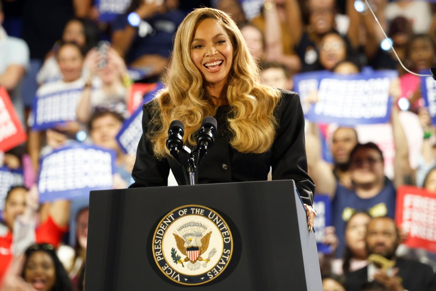 Musical artist Beyonce on stage at a campaign event for Democratic presidential nominee Vice President Kamala Harris, Friday, Oct. 25, 2024, in Houston. (AP Photo/Annie Mulligan)