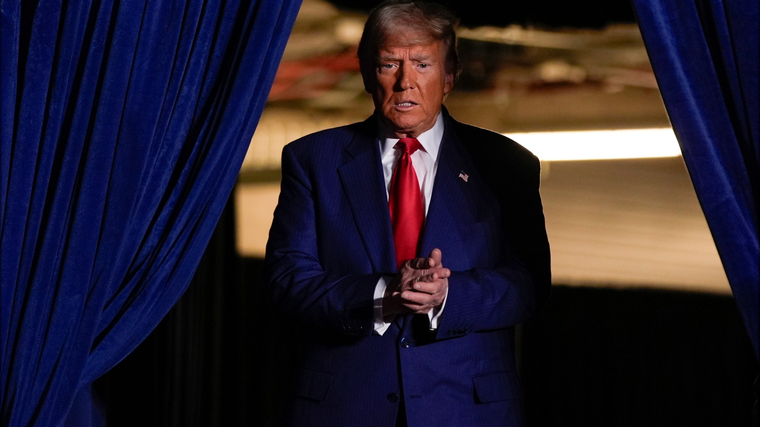 Republican presidential nominee former President Donald Trump arrives at a campaign rally at Mullett Arena, Thursday, Oct. 24, 2024, in Tempe, Ariz. (AP Photo/Alex Brandon)