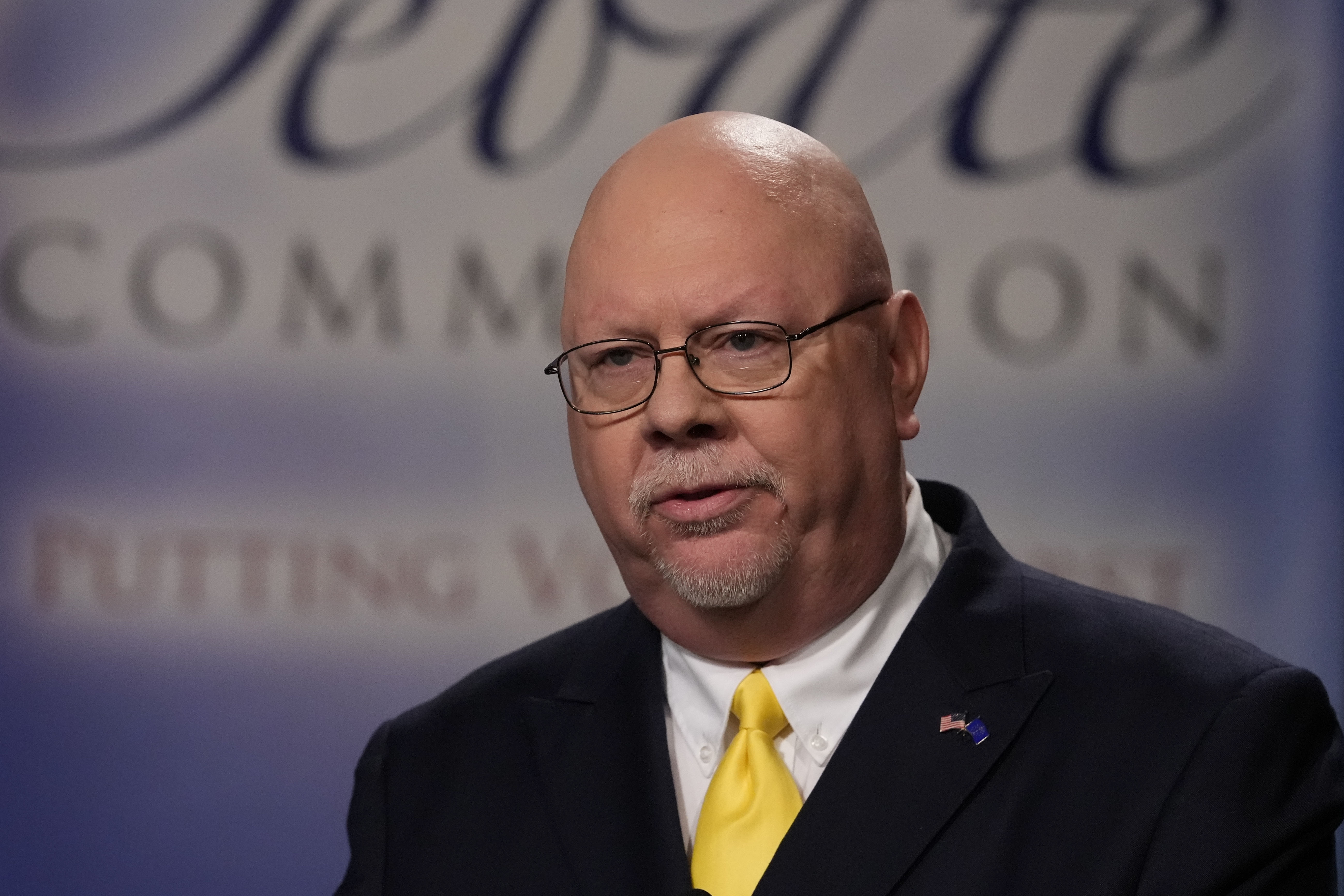 Libertarian candidate Donald Rainwater speaks during a debate for Indiana governor hosted by the Indiana Debate Commission at WFYI, Thursday, Oct. 24, 2024, in Indianapolis. (AP Photo/Darron Cummings, Pool)