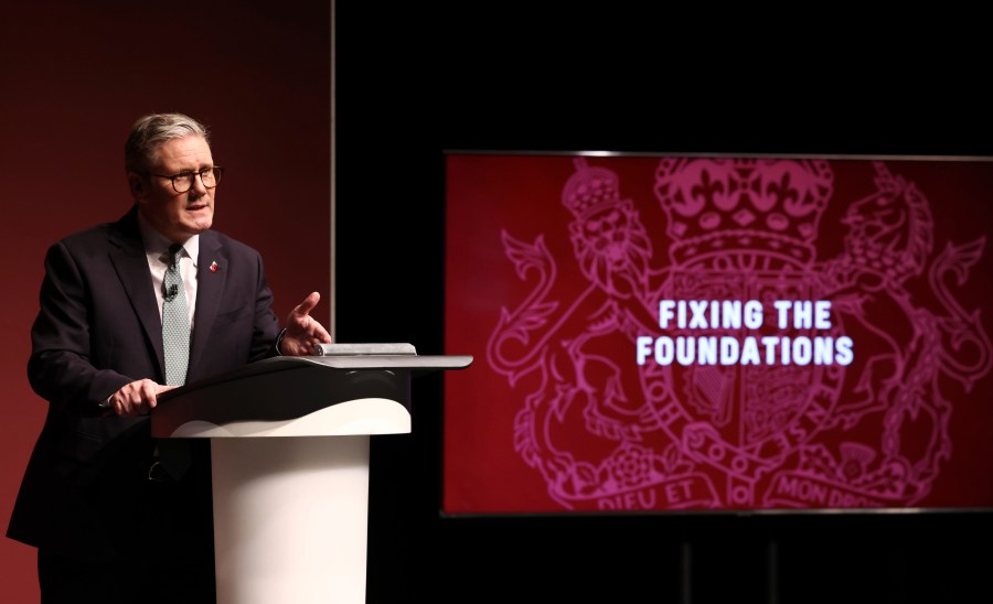 Britain's Prime Minister Prime Keir Starmer speaking at an event in the West Midlands, England, Monday, Oct. 28, 2024. (AP Photo/Darren Staples)