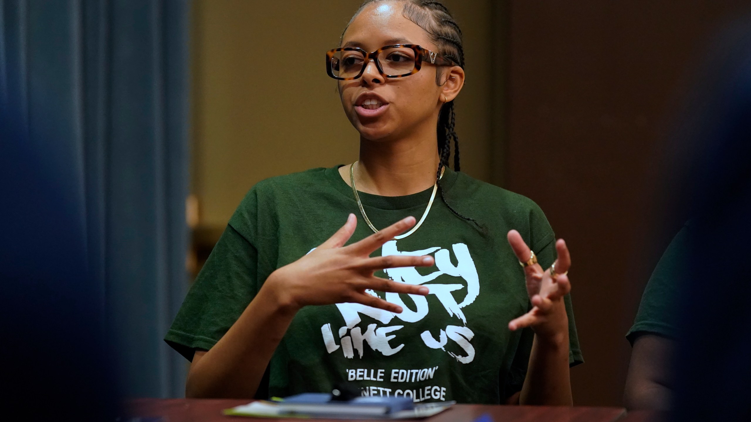 Bennett College student Jazmin Rawls gestures as she answers a question during a roundtable in Greensboro, N.C., Tuesday, Oct. 8, 2024. (AP Photo/Chuck Burton)