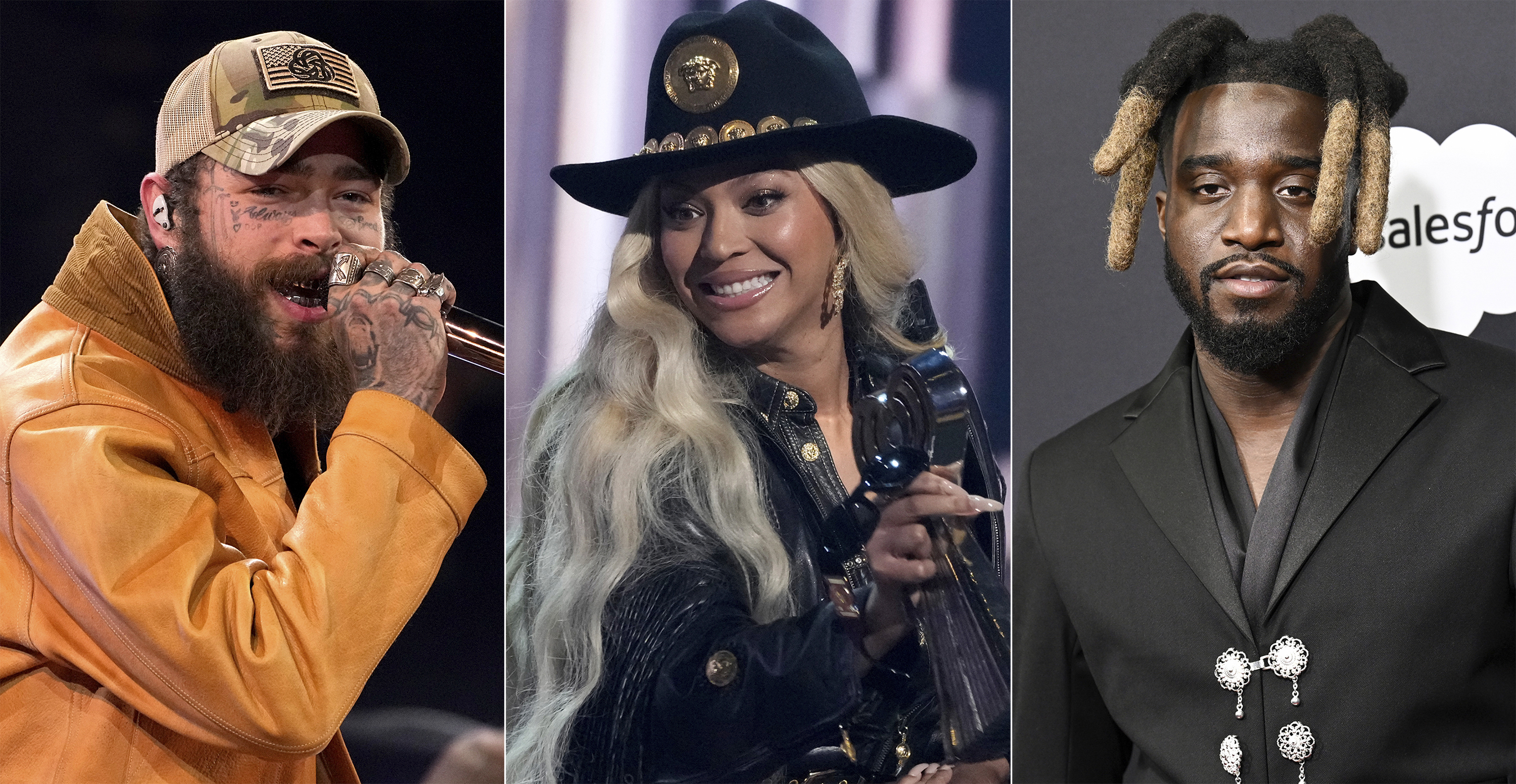 This combination of images shows recording artists, Post Malone, from left, Beyoncé, and Shaboozey. (AP Photo)