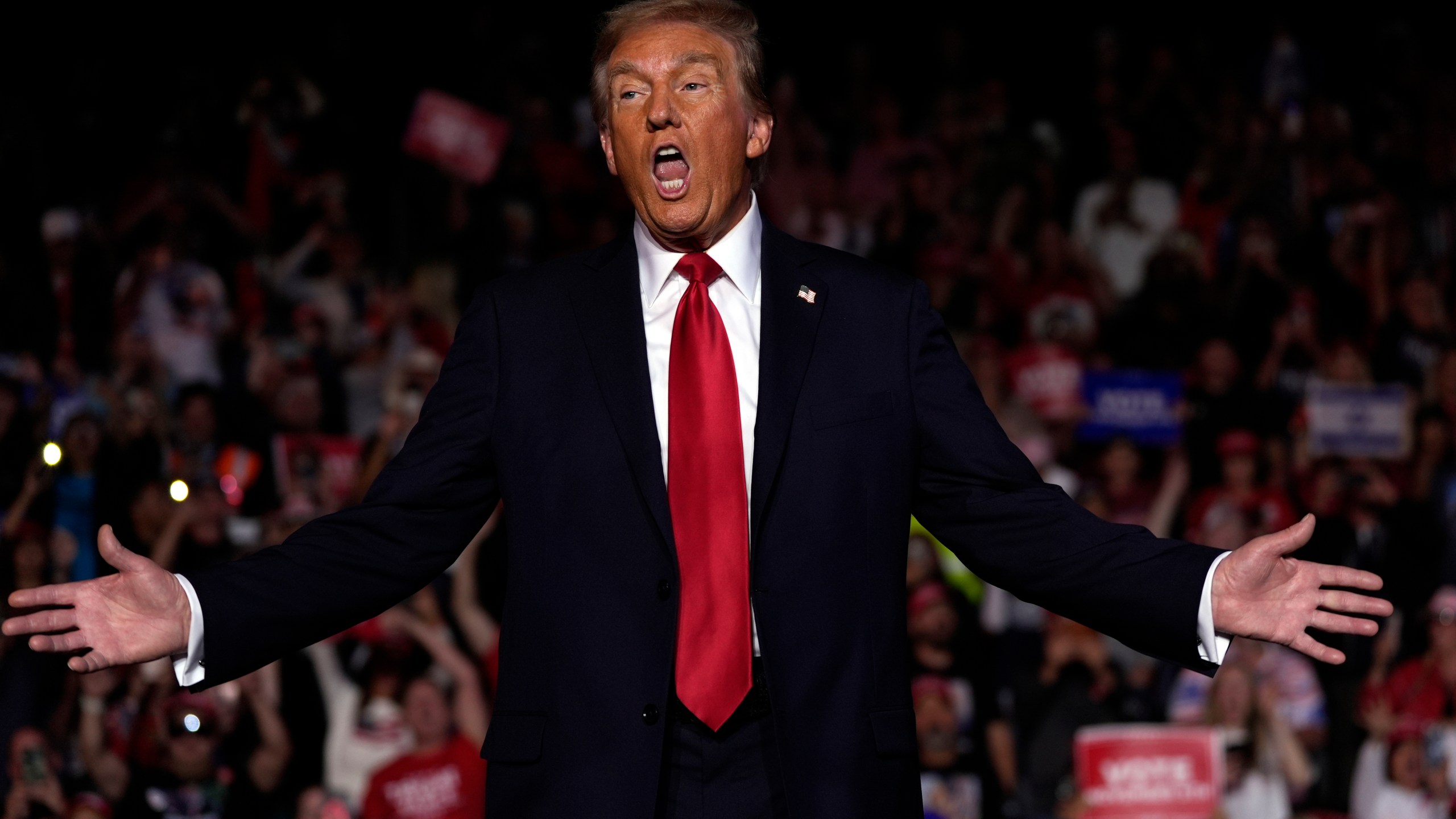 Republican presidential nominee former President Donald Trump gestures during a campaign rally at Lee's Family Forum, Thursday, Oct. 31, 2024, in Henderson, Nev. (AP Photo/Julia Demaree Nikhinson)