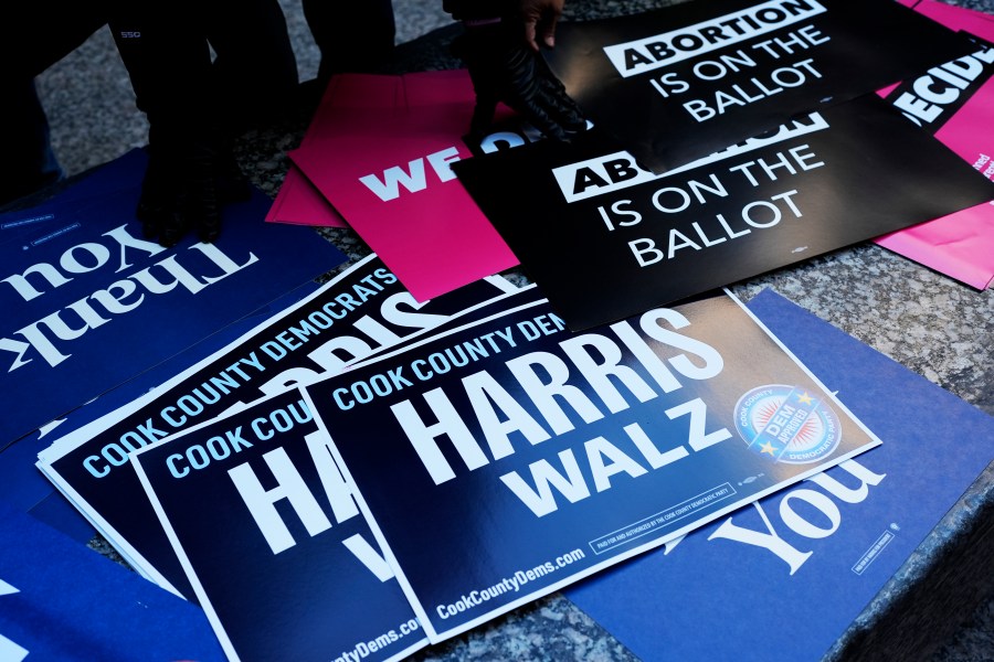 Signs are seen at National Women's March in Chicago, Saturday, Nov. 2, 2024. The Women's March movement launched the day after Donald Trump's inauguration, when hundreds of thousands of women poured into the District and across the country in what is widely considered the largest single-day protest in American history. (AP Photo/Nam Y. Huh)