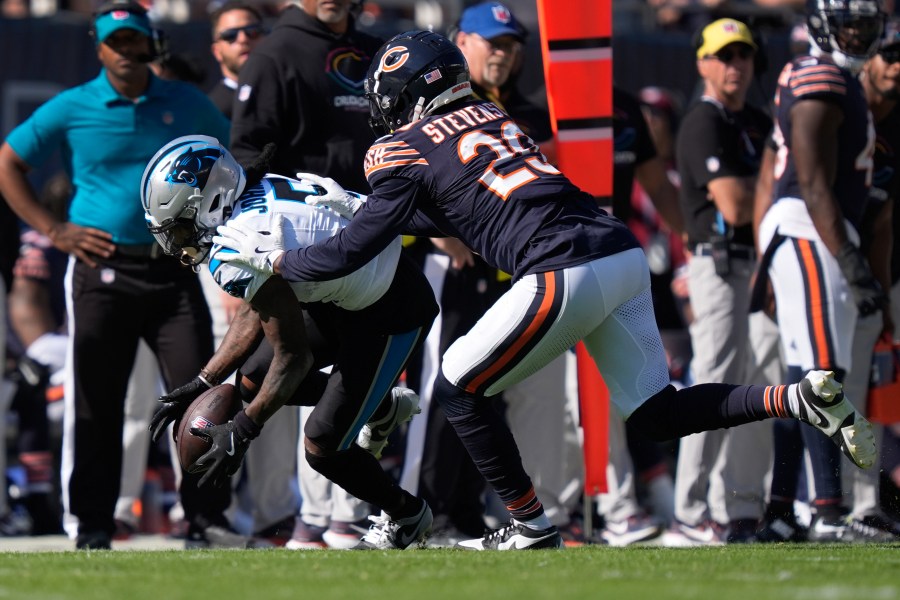 Carolina Panthers wide receiver Diontae Johnson (5) pulls in a reception as Chicago Bears cornerback Tyrique Stevenson (29) defends during the second half of an NFL football game Sunday, Oct. 6, 2024, in Chicago. (AP Photo/Charles Rex Arbogast)