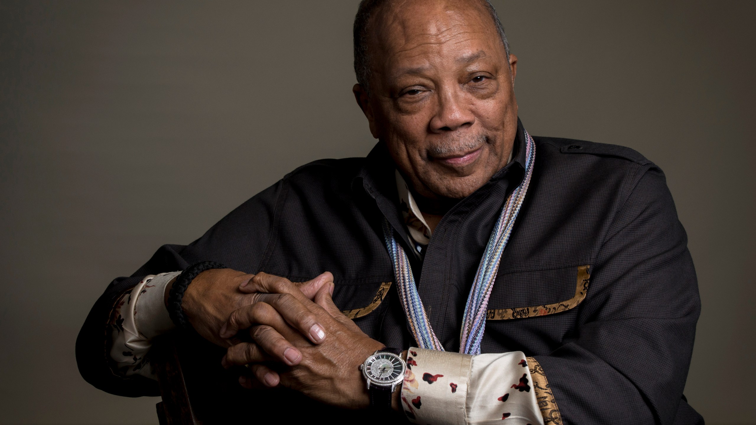 FILE - In this Sept. 23, 2014 file photo, Producer Quincy Jones, of the documentary film "Keep On Keepin' On," poses for a portrait, in New York, Sept. 23, 2014. (Photo by Drew Gurian/Invision/AP, File)