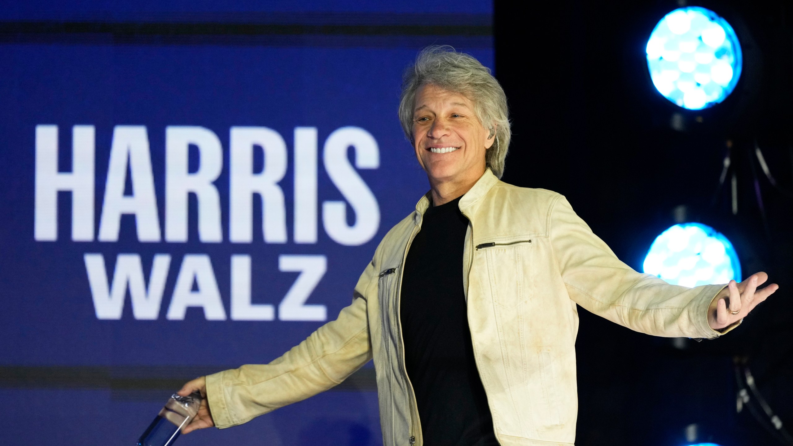 Jon Bon Jovi arrives to perform during a campaign rally for Democratic vice presidential nominee Minnesota Gov. Tim Walz, Monday, Nov. 4, 2024, in Detroit. (AP Photo/Charlie Neibergall)