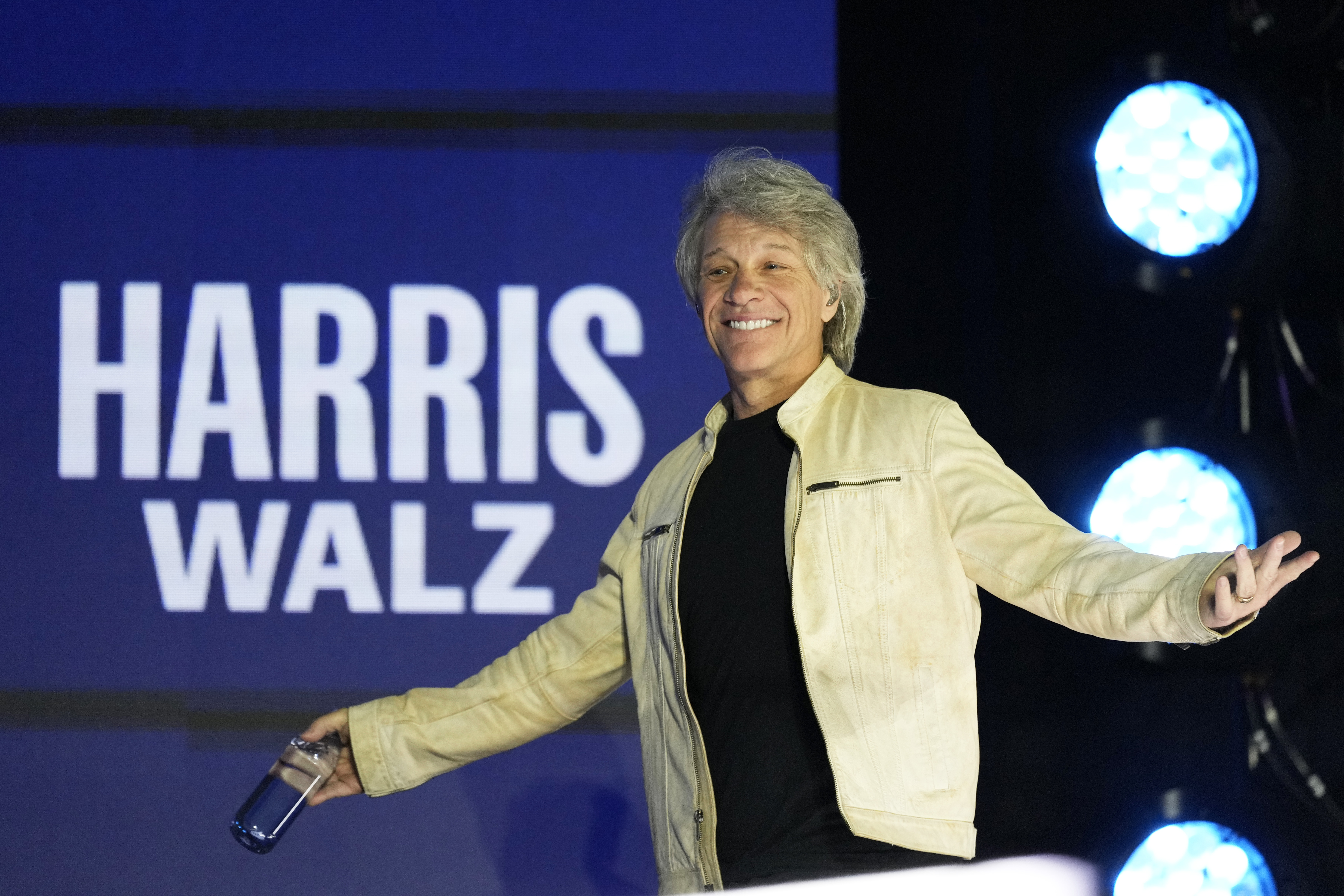 Jon Bon Jovi arrives to perform during a campaign rally for Democratic vice presidential nominee Minnesota Gov. Tim Walz, Monday, Nov. 4, 2024, in Detroit. (AP Photo/Charlie Neibergall)