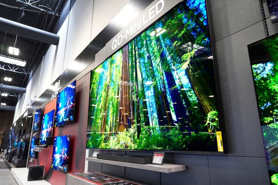 A 115-inch TCL television, right, is displayed at a Best Buy store in Dallas, Friday, Oct. 25, 2024. (AP Photo/Tony Gutierrez)