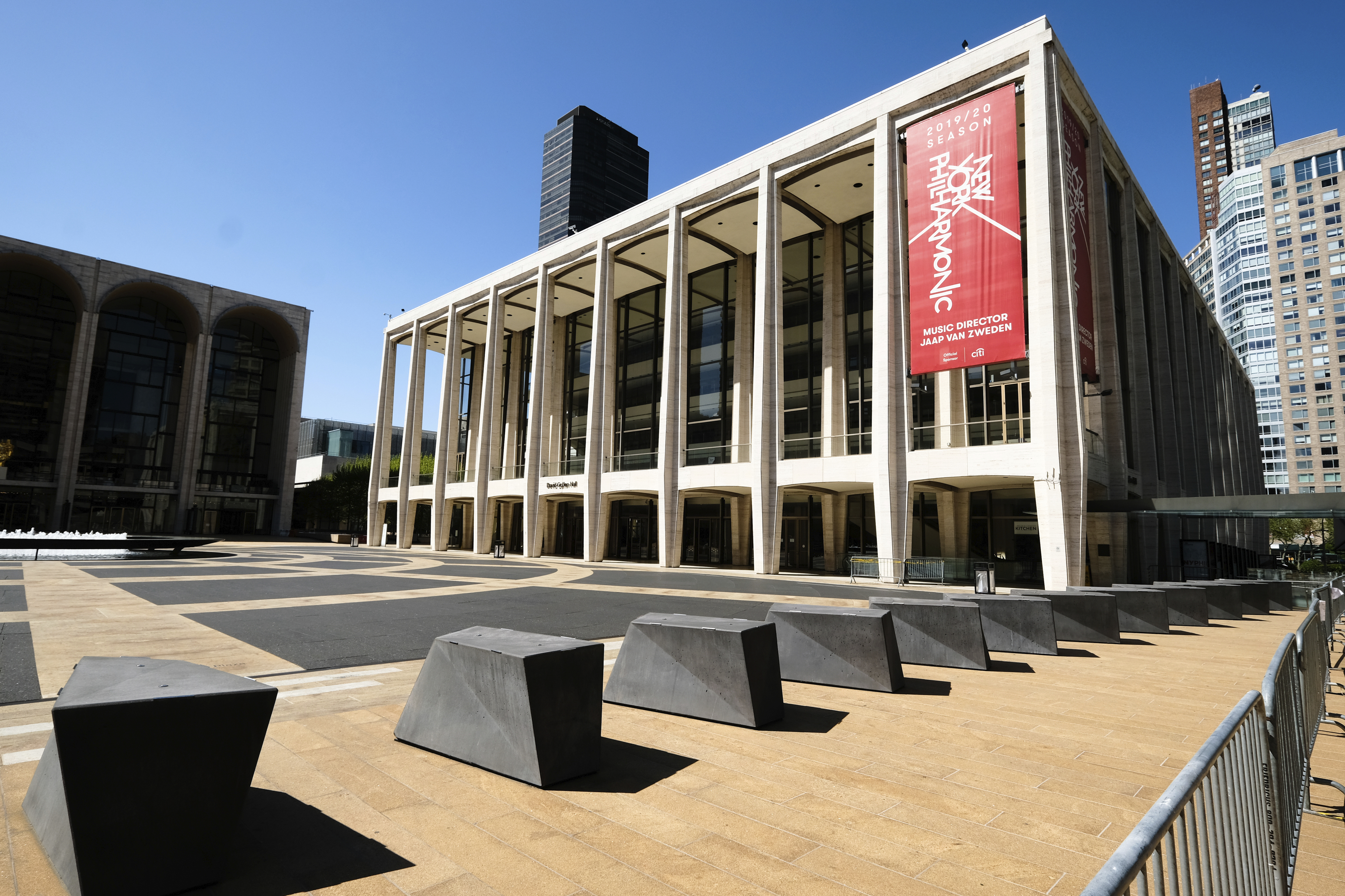 FILE - David Geffen Hall at Lincoln Center where the New York Philharmonic primarily performs in New York, May 12, 2020. (Photo by Evan Agostini/Invision/AP, File)