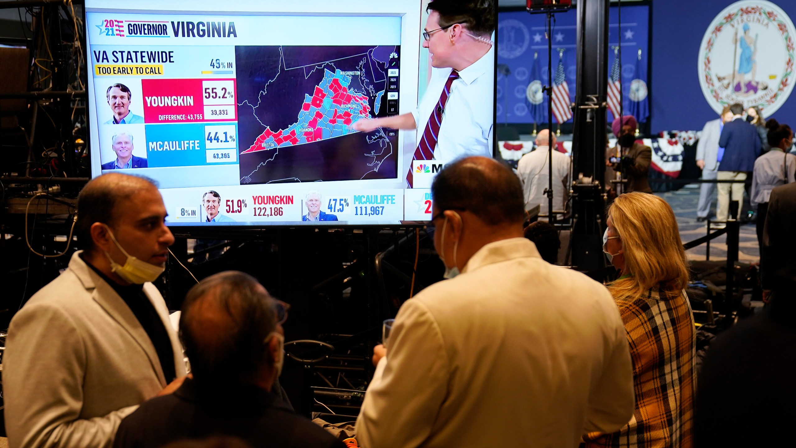 FILE - Supporters of Democrat Terry McAuliffe watch vote reports at an election party in McLean, Va., Tuesday, Nov. 2, 2021.(AP Photo/Steve Helber, File)