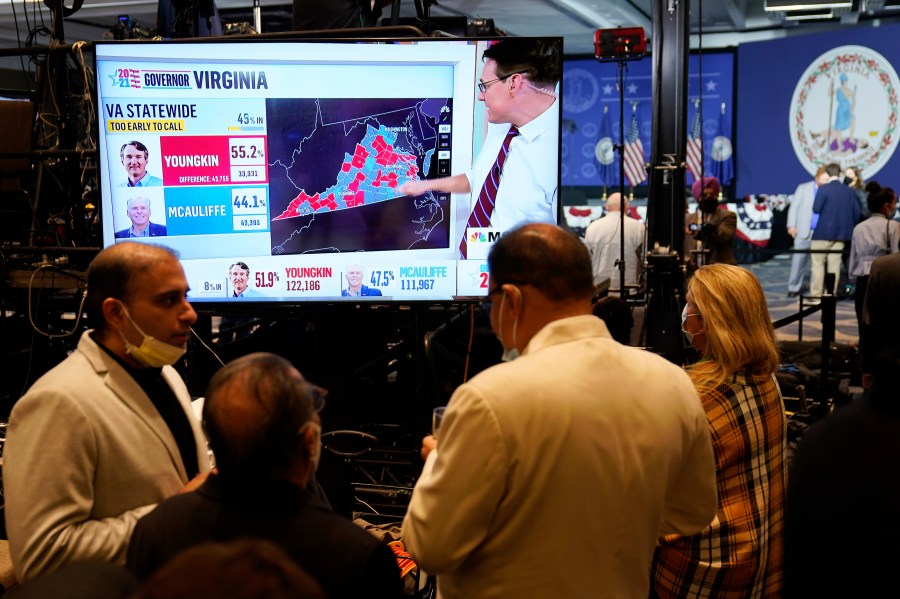 FILE - Supporters of Democrat Terry McAuliffe watch vote reports at an election party in McLean, Va., Tuesday, Nov. 2, 2021.(AP Photo/Steve Helber, File)