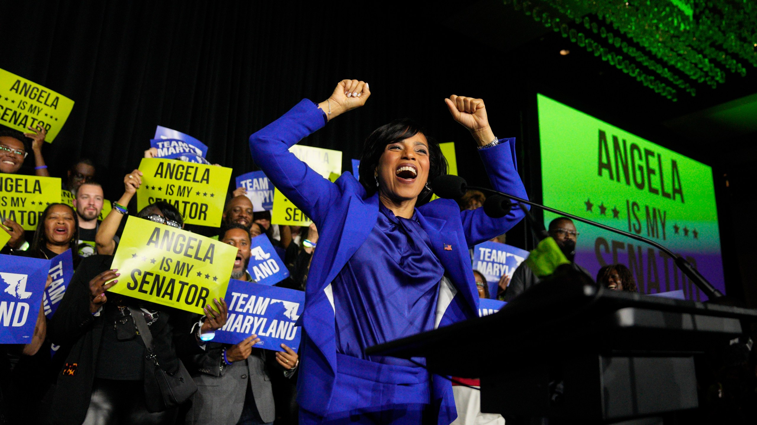 Democratic Maryland Senate candidate Angela Alsobrooks cheers during an election night watch party Tuesday, Nov. 5, 2024, in College Park, Md. (AP Photo/Jess Rapfogel)