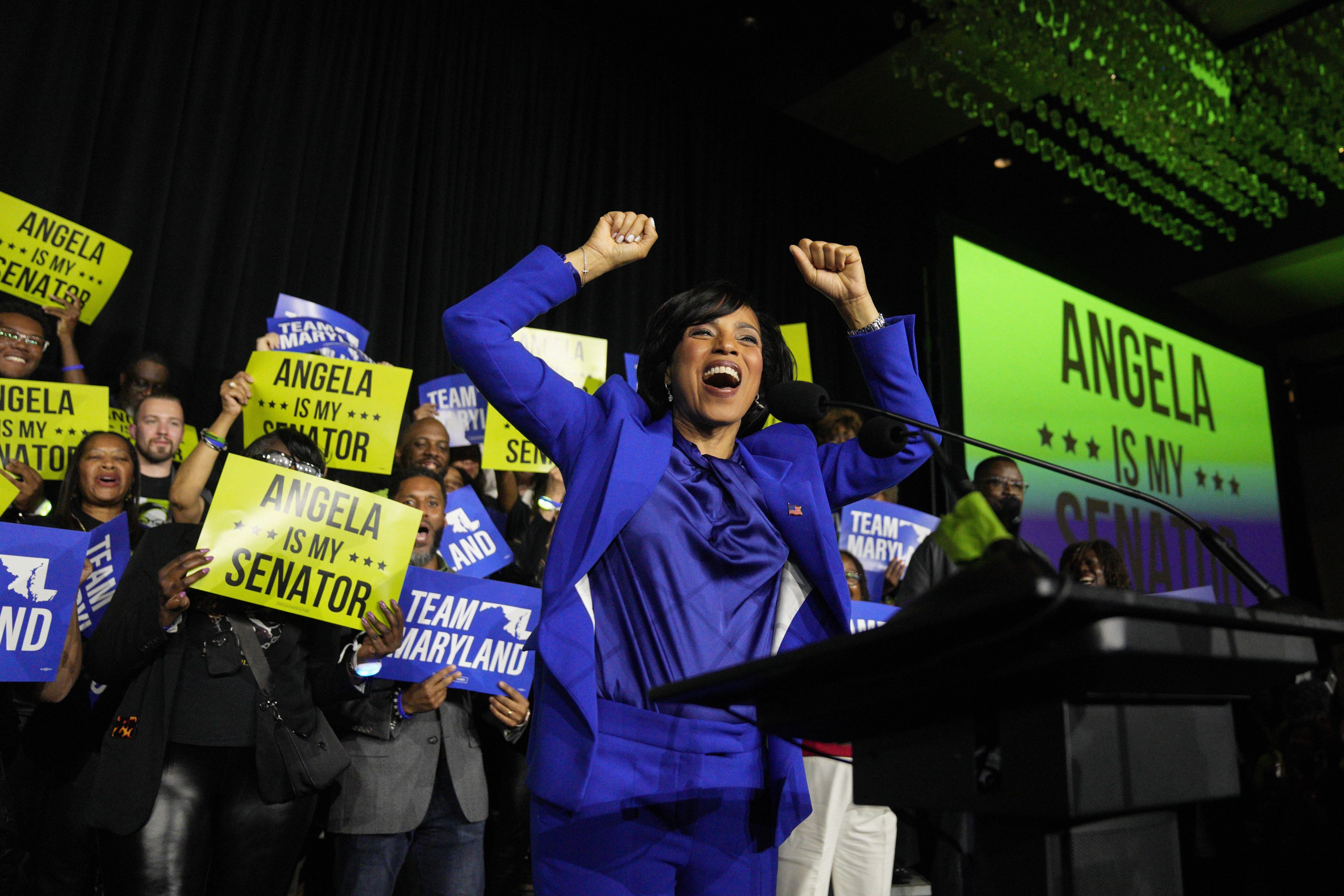 Democratic Maryland Senate candidate Angela Alsobrooks cheers during an election night watch party Tuesday, Nov. 5, 2024, in College Park, Md. (AP Photo/Jess Rapfogel)