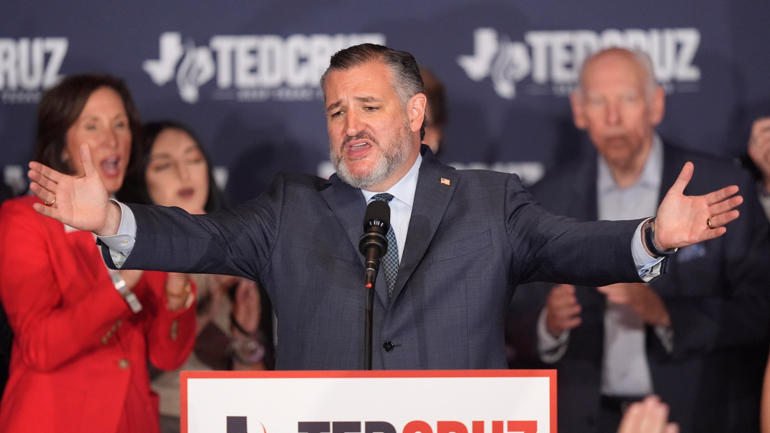 Sen. Ted Cruz, R-Texas, speaks during a watch party on election night, Tuesday, Nov. 5, 2024, at the Marriott Marquis in Houston. (AP Photo/LM Otero)