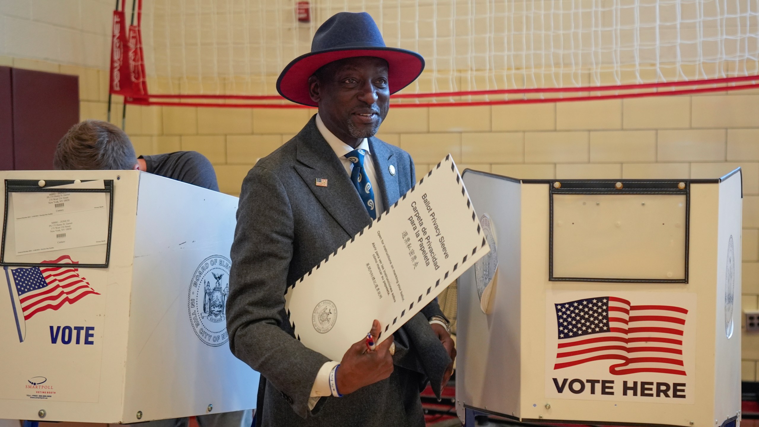 Yusef Salaam, New York City Council member and a member of 'The Exonerated Five', votes at the P.S. 175 Henry Highland Garnet school on Election Day, Tuesday, Nov. 5, 2024, in New York. (AP Photo/Frank Franklin II)