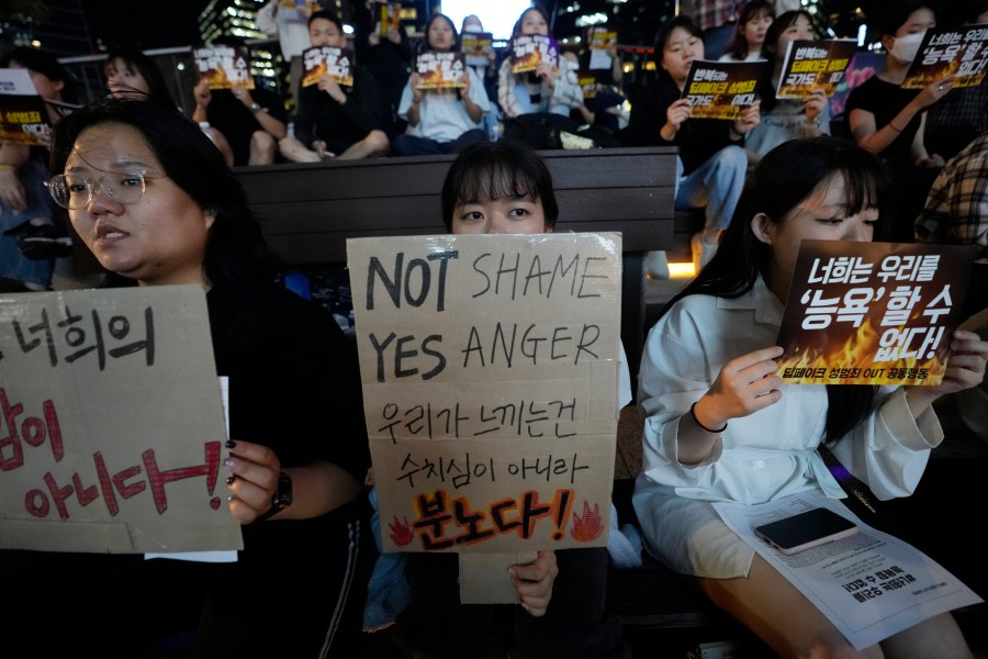 FILE - Citizens stage a rally against deepfake sex crime in Seoul, South Korea, on Sept. 27, 2024. (AP Photo/Ahn Young-joon, File)