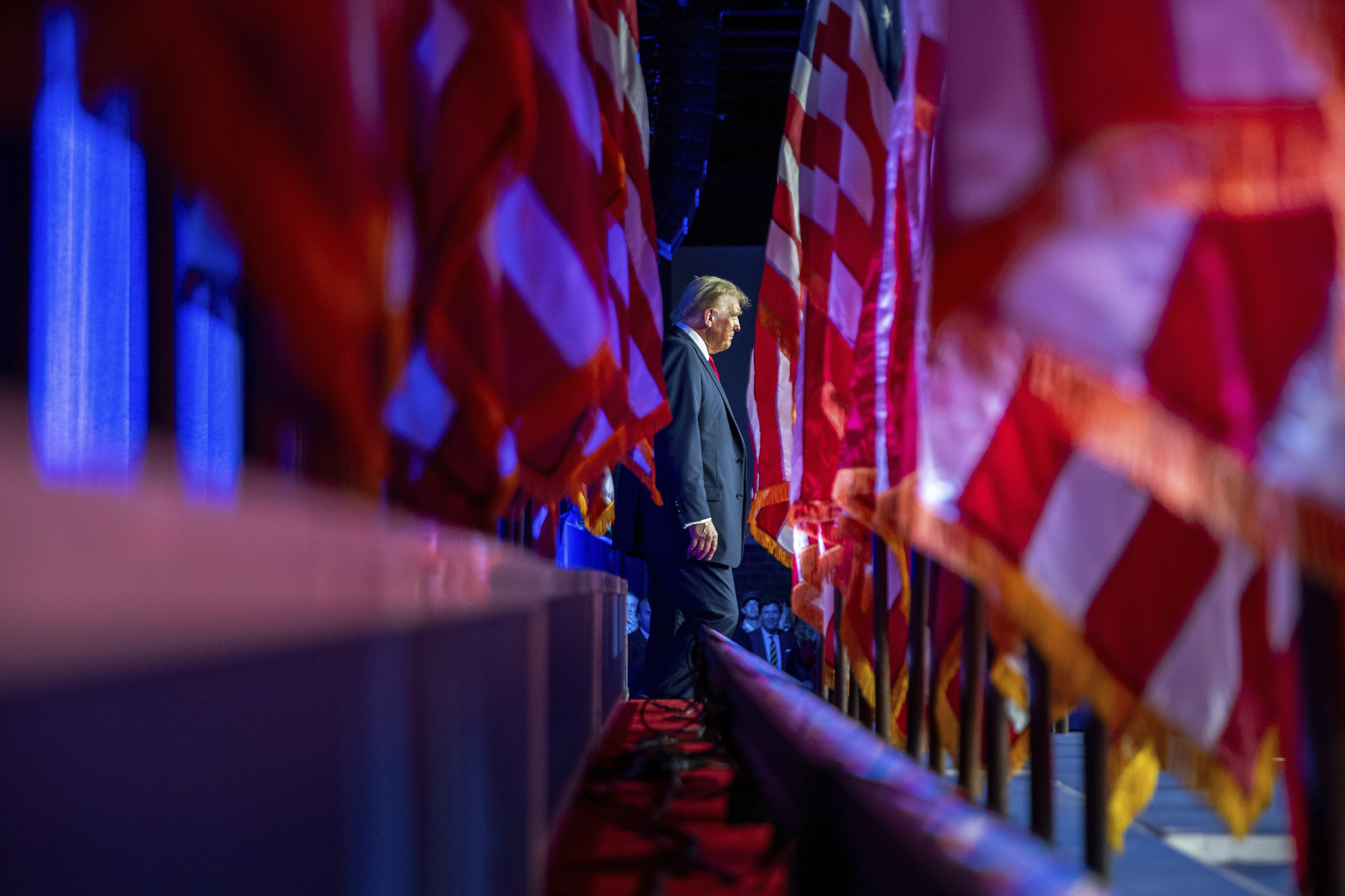 Republican presidential nominee former President Donald Trump arrives at an election night watch party at the Palm Beach Convention Center, Wednesday, Nov. 6, 2024, in West Palm Beach, Fla. (AP Photo/Julia Demaree Nikhinson)