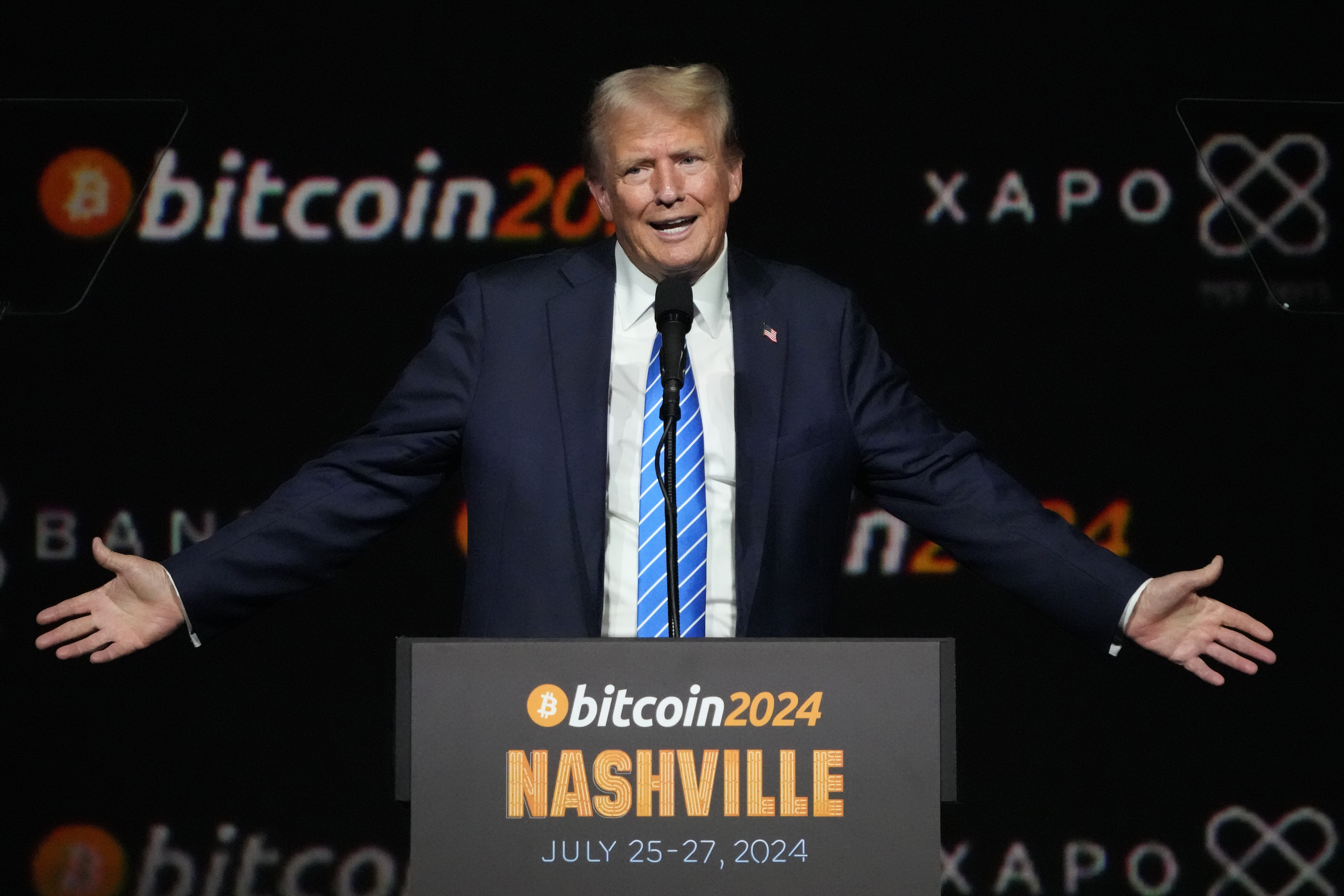 FILE -Republican presidential candidate former President Donald Trump speaks at the Bitcoin 2024 Conference, July 27, 2024, in Nashville, Tenn. (AP Photo/Mark Humphrey, File)