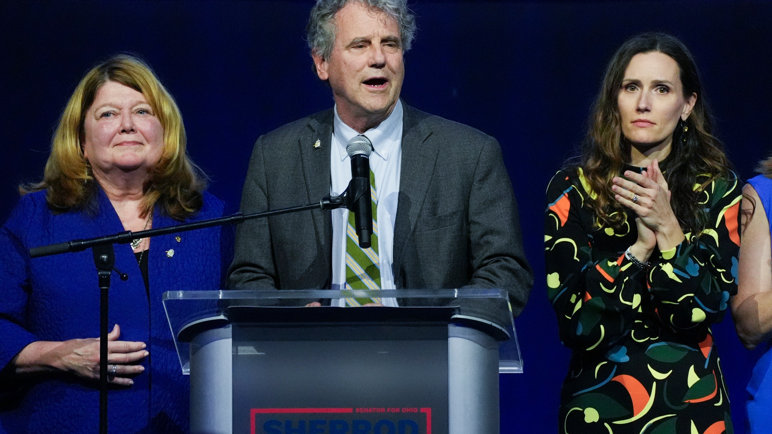 Democratic Ohio Sen. Sherrod Brown speaks during a watch party on election night, Tuesday, Nov. 5, 2024, in Columbus, Ohio, next to his wife Connie Schultz, left, and his daughter Elizabeth Brown, right.(AP Photo/Joshua A. Bickel)