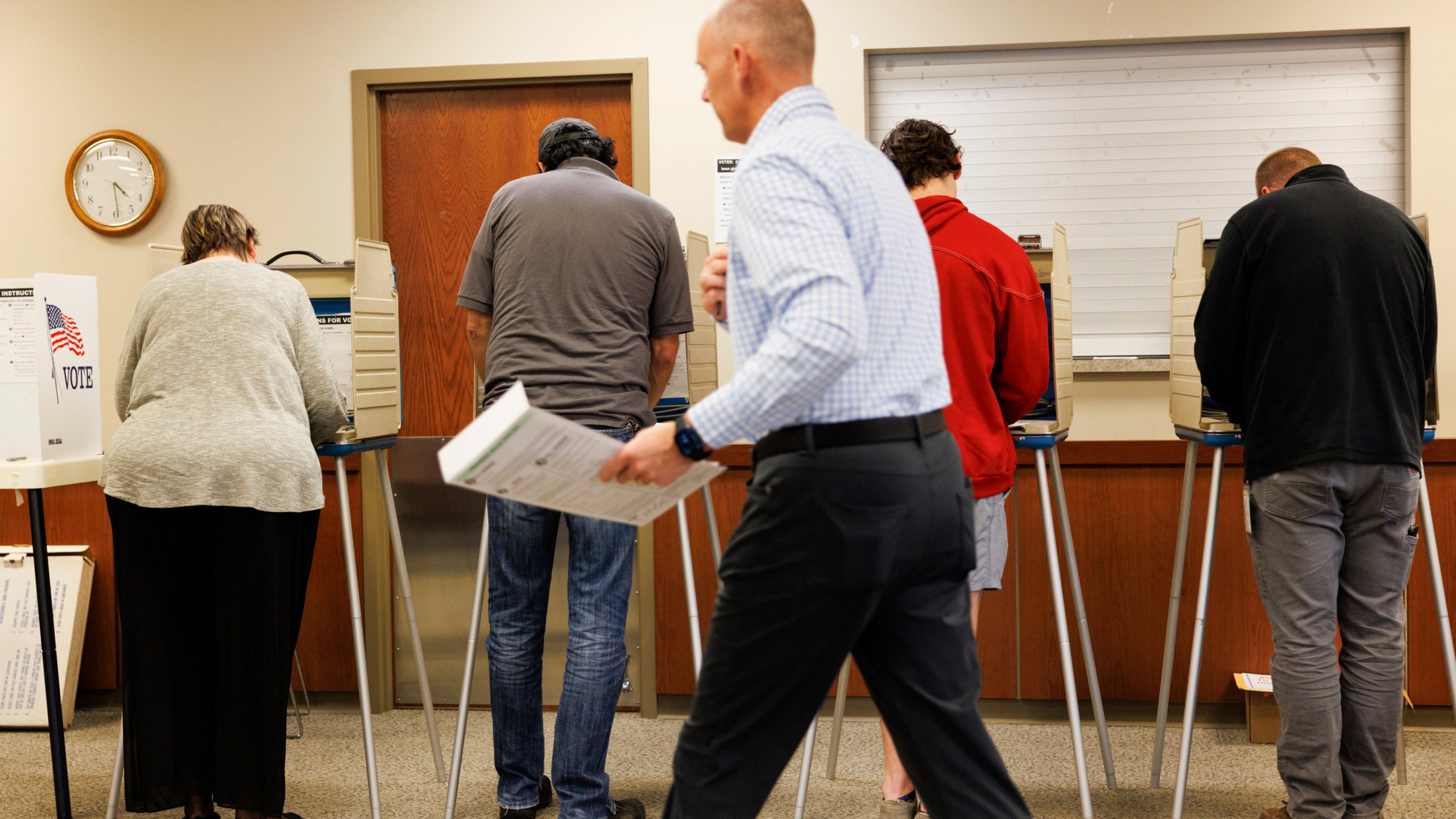 Voters cast their ballots at the Agnes Robinson Waterloo Public Library, Tuesday, Nov. 5, 2024, in Waterloo, Neb. (Nikos Frazier/Omaha World-Herald via AP)