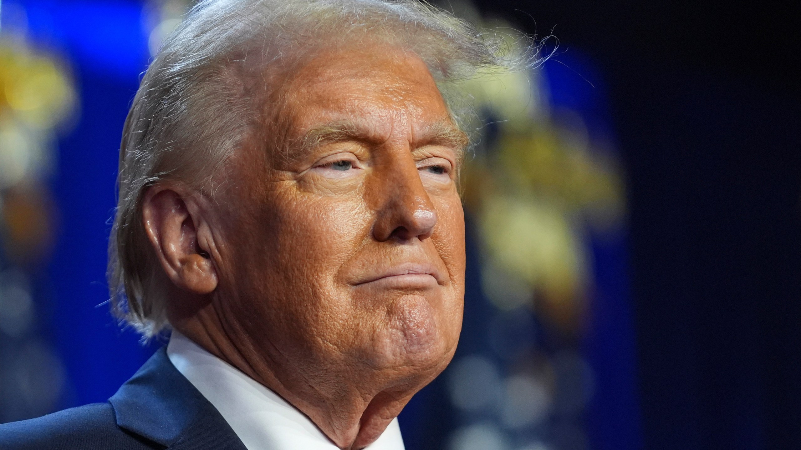 Republican presidential nominee former President Donald Trump arrives at an election night watch party at the Palm Beach Convention Center, Wednesday, Nov. 6, 2024, in West Palm Beach, Fla. (AP Photo/Evan Vucci)