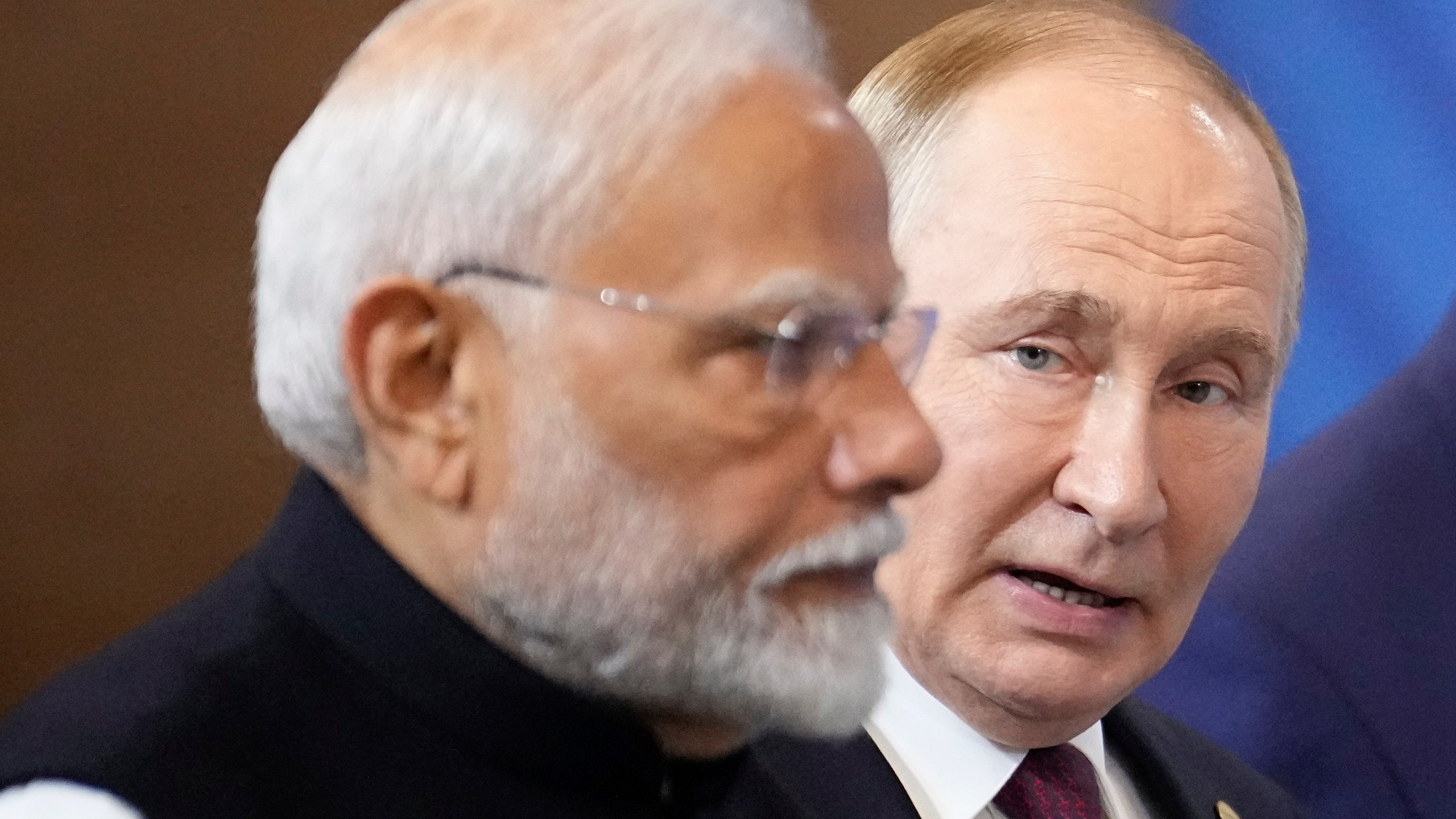 FILE - Indian Prime Minister Narendra Modi, left, and Russian President Vladimir Putin attend a family photo ceremony prior to the BRICS Summit plenary session in Kazan, Russia, on Oct. 23, 2024. (AP Photo/Alexander Zemlianichenko, Pool, File)