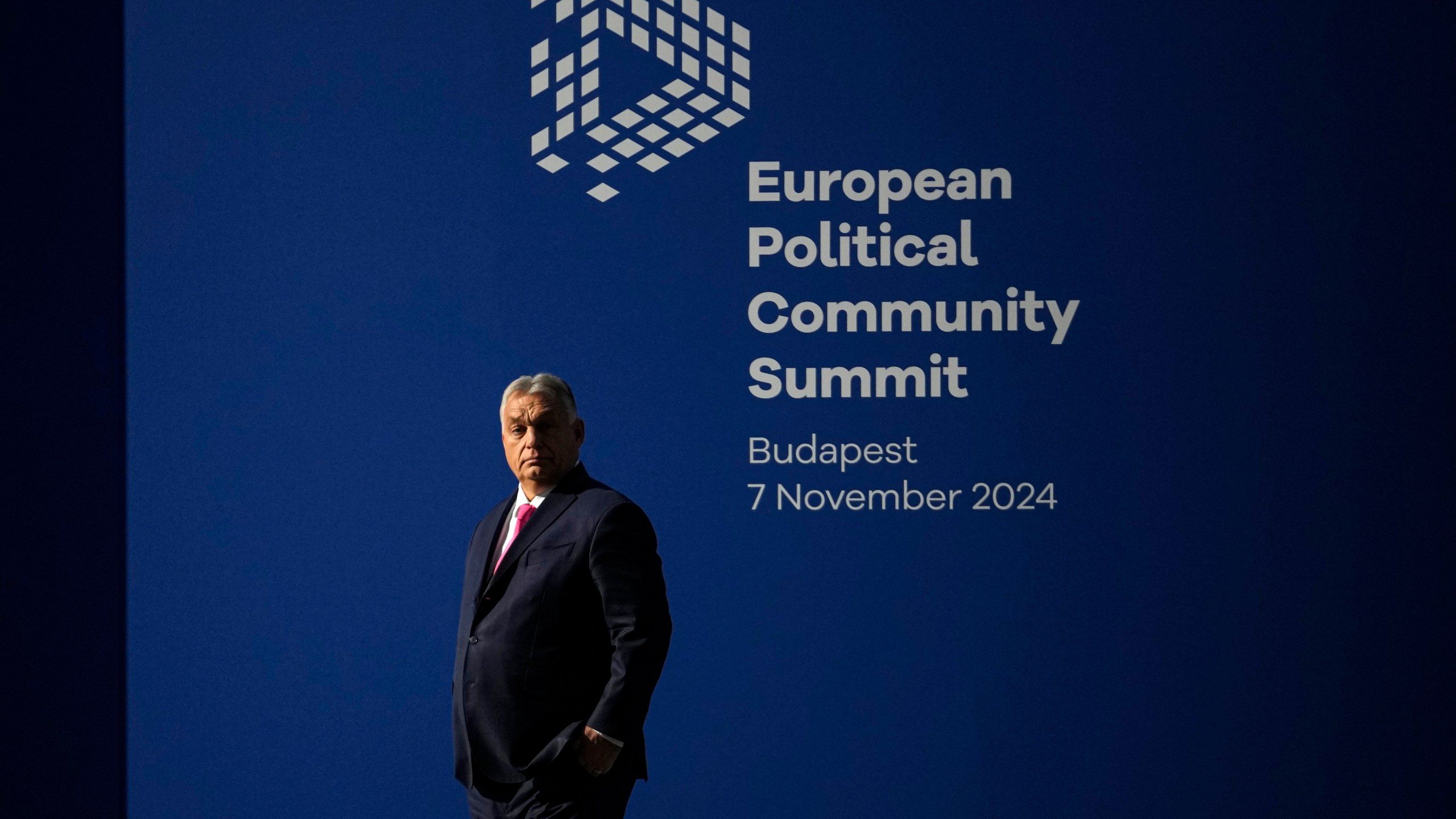 Hungary's Prime Minister Viktor Orban waits for the arrival of leaders for the European Political Community (EPC) Summit at the Puskas Arena in Budapest, Hungary, Thursday, Nov. 7, 2024. (AP Photo/Petr David Josek)