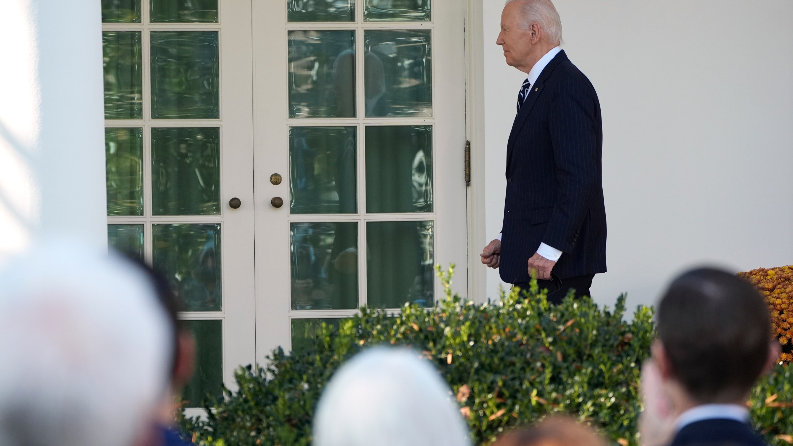 President Joe Biden departs after speaking in the Rose Garden of the White House in Washington, Thursday, Nov. 7, 2024. (AP Photo/Mark Schiefelbein)