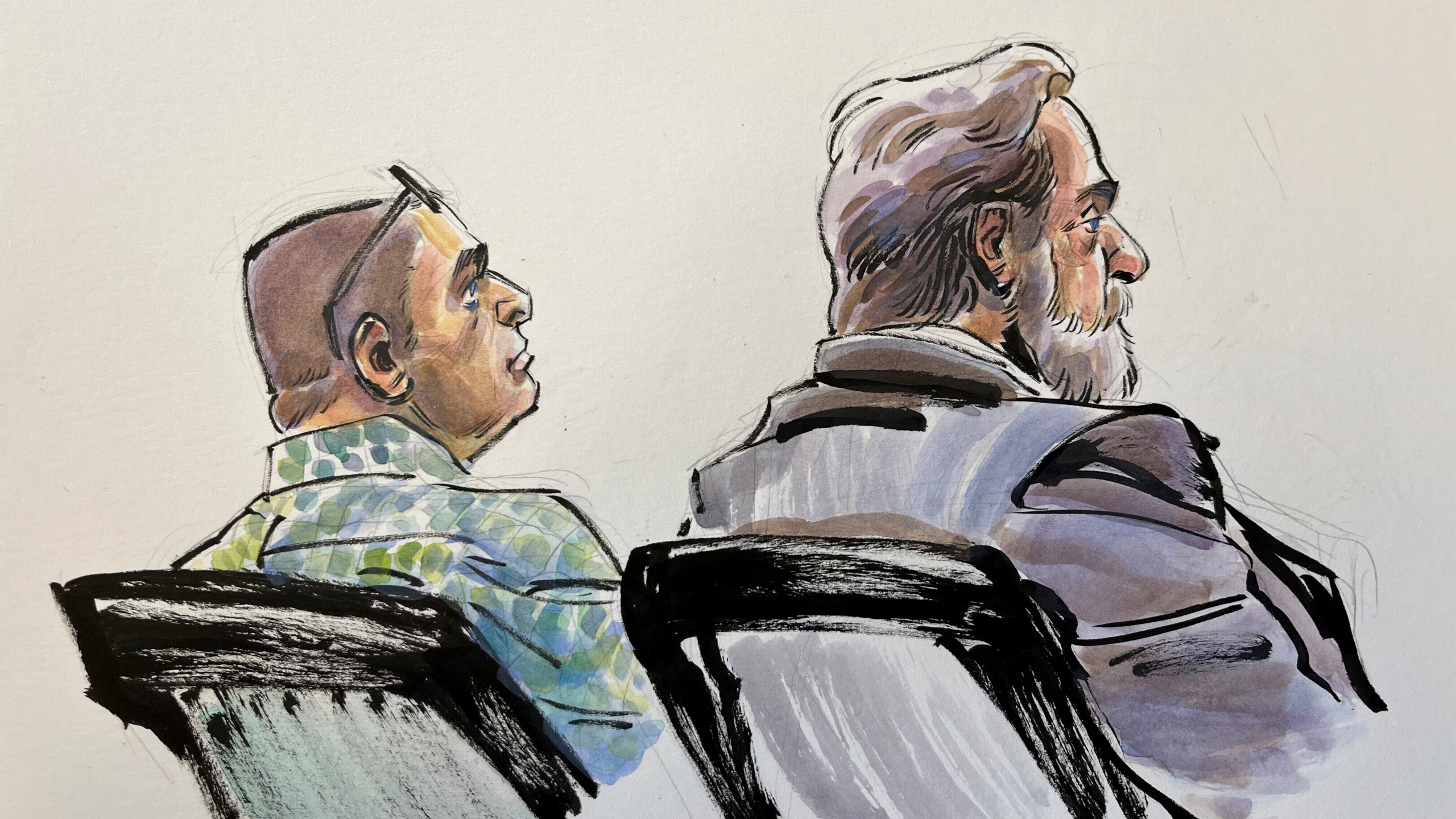 In this courtroom sketch, Richard Allen, left, is seated next to one of his defense attorneys, Andrew Baldwin, inside a courtroom at the Carroll County Courthouse in Delphi, Ind. on Monday, Oct. 28, 2024. (Li Buszka via AP, Pool)