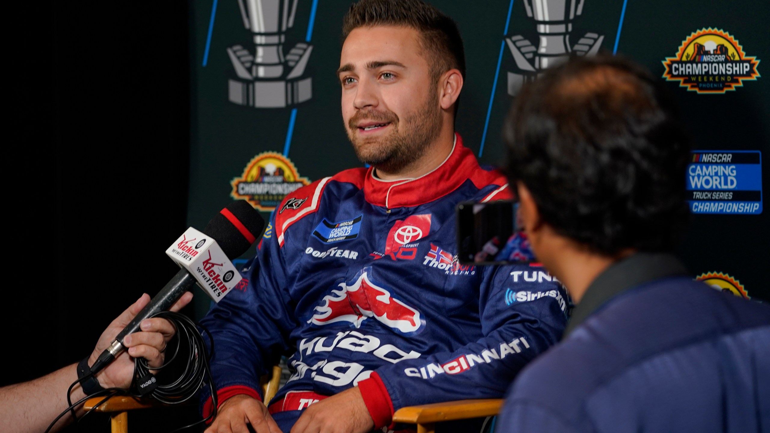 FILE - NASCAR Camping World Truck Series auto racing driver Ty Majeski speaks during the Championship media day, Nov. 3, 2022, in Phoenix. (AP Photo/Matt York, File)