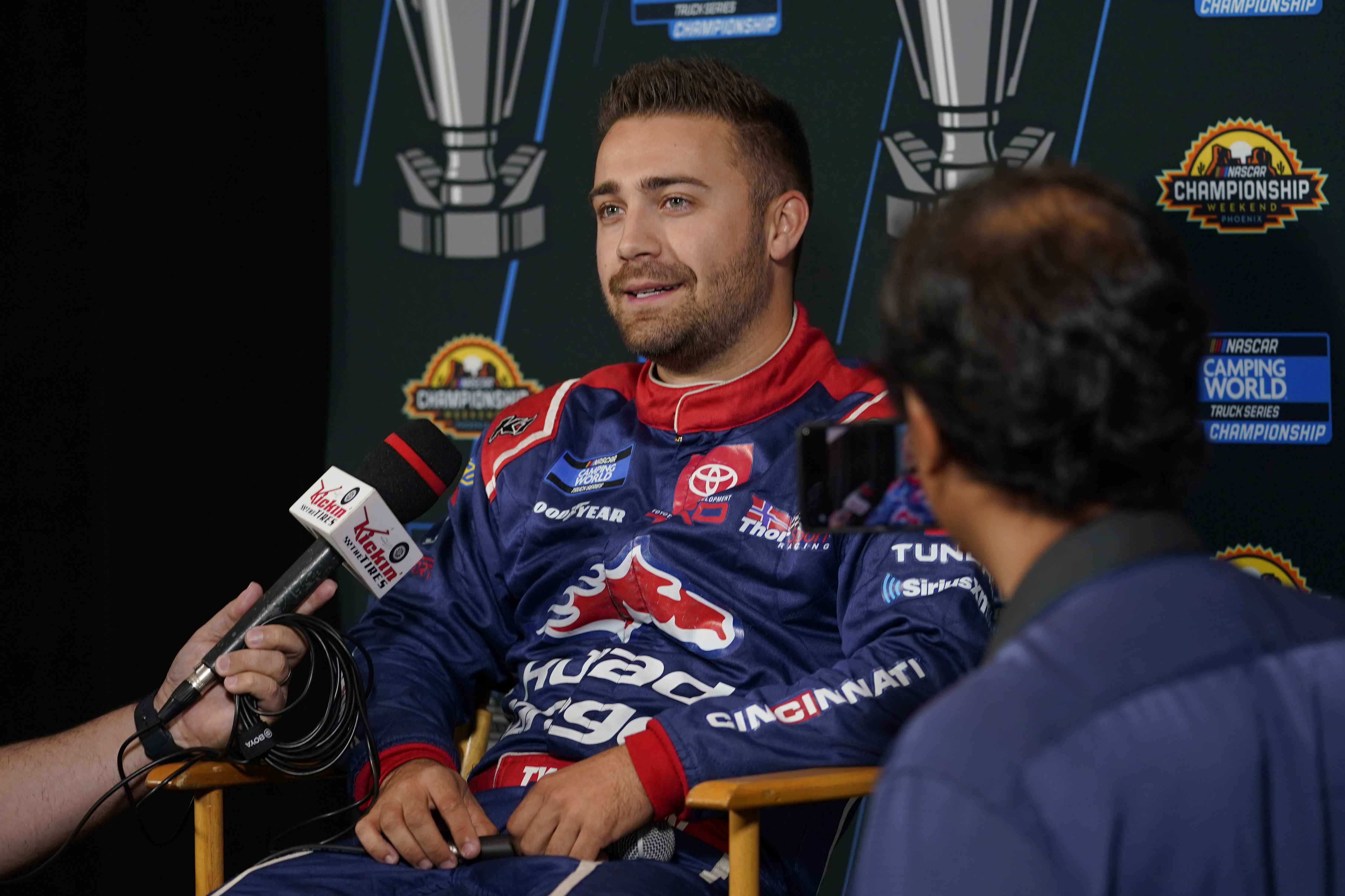 FILE - NASCAR Camping World Truck Series auto racing driver Ty Majeski speaks during the Championship media day, Nov. 3, 2022, in Phoenix. (AP Photo/Matt York, File)