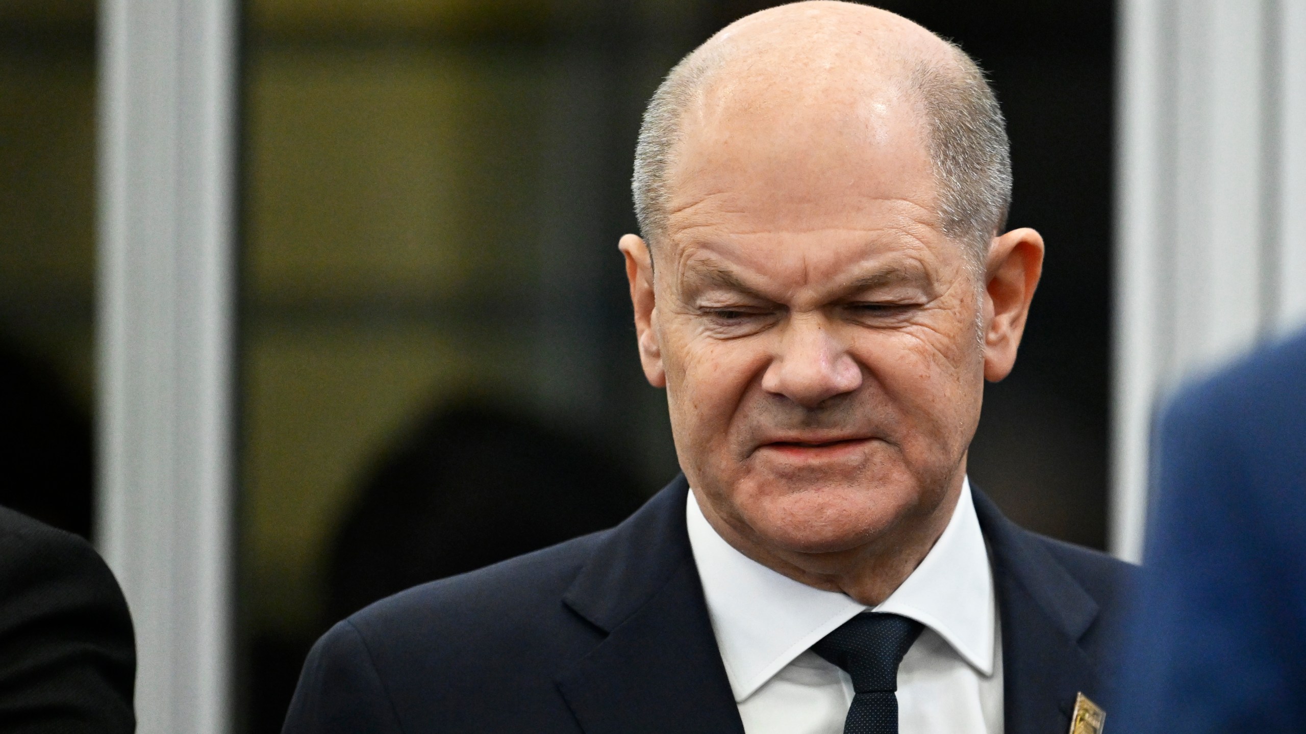 Germany's Chancellor Olaf Scholz arrives for a plenary session during an EU Summit at the Puskas Arena in Budapest, Friday, Nov. 8, 2024. (AP Photo/Denes Erdos)