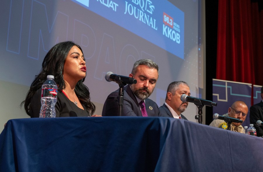 The Albuquerque Journal, KOAT and KKOB sponsored a town hall meeting on crime at the African American Performing Arts Center in Albuquerque, N.M., Wednesday, April 17, 2024. On the panel are, from left, Nicole Chavez, who lost her son in 2015 to violent crime and is now a candidate for the New Mexico House of Representatives, Attorney General Raul Torrez, Bernalillo County District Attorney Sam Bregman and Bernalillo County Sheriff John Allen. (Eddie Moore /The Albuquerque Journal via AP)