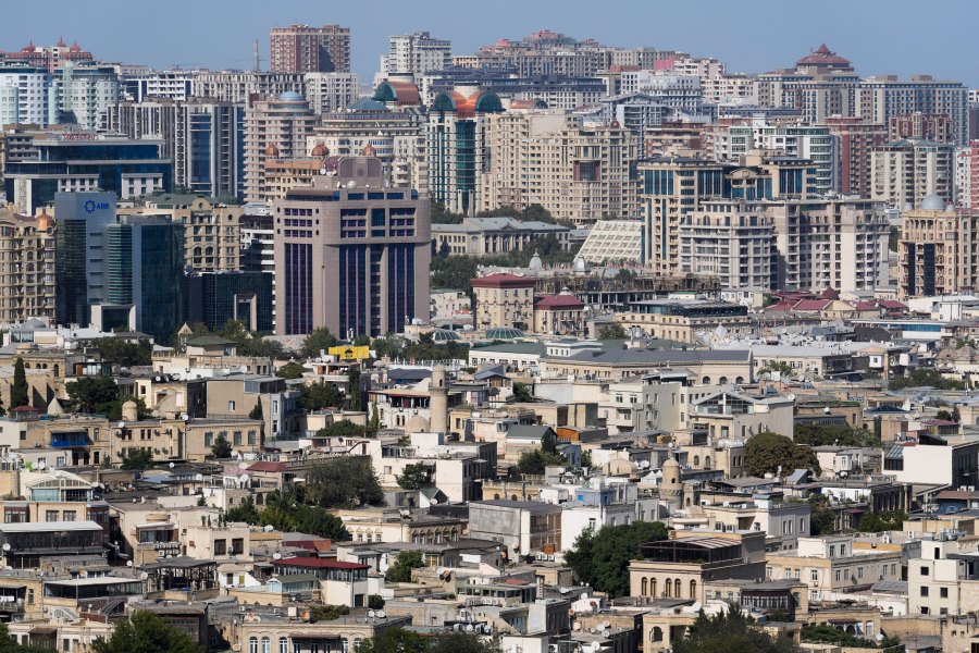 Buildings are visible in Baku, Azerbaijan, Monday, Sept. 16, 2024. (AP Photo/Sergei Grits)