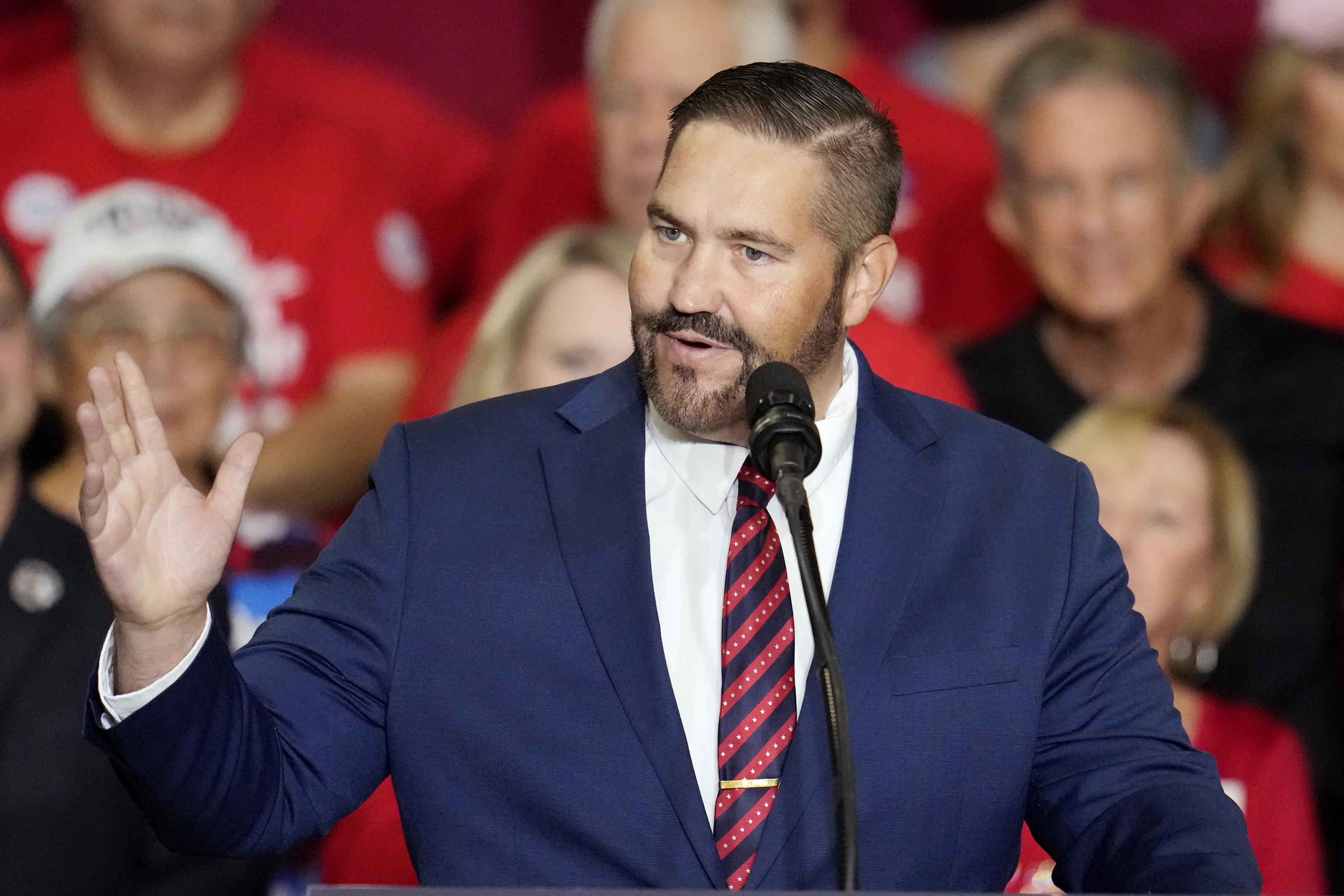 FILE - Maricopa County Recorder candidate Arizona state Rep. Justin Heap, R-Phoenix, speaks during a campaign event Tuesday, Oct. 22, 2024, in Peoria, Ariz. (AP Photo/Ross D. Franklin, File)